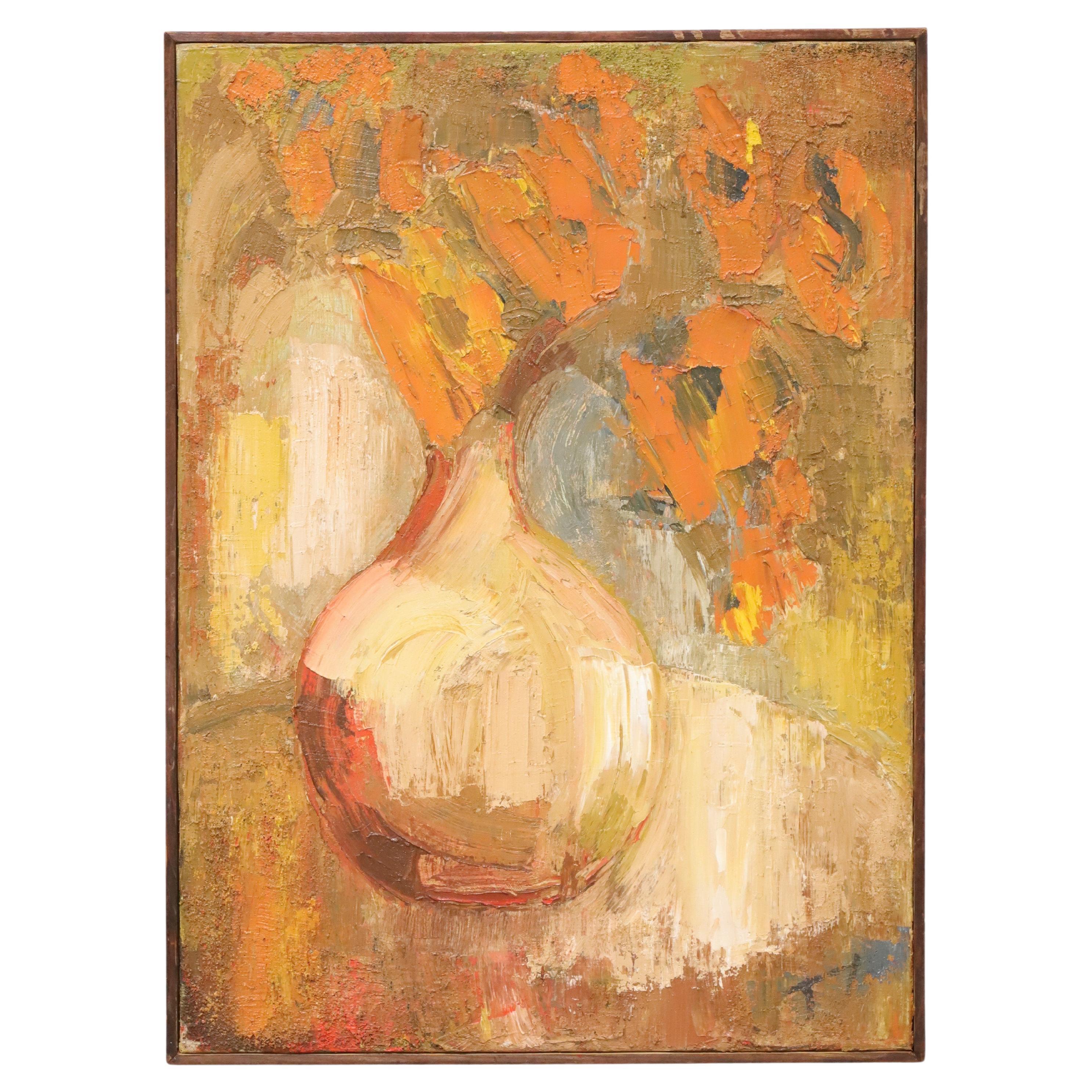 Peinture originale à l'huile sur toile du milieu du 20e siècle, Fleurs orange dans un vase -Signée