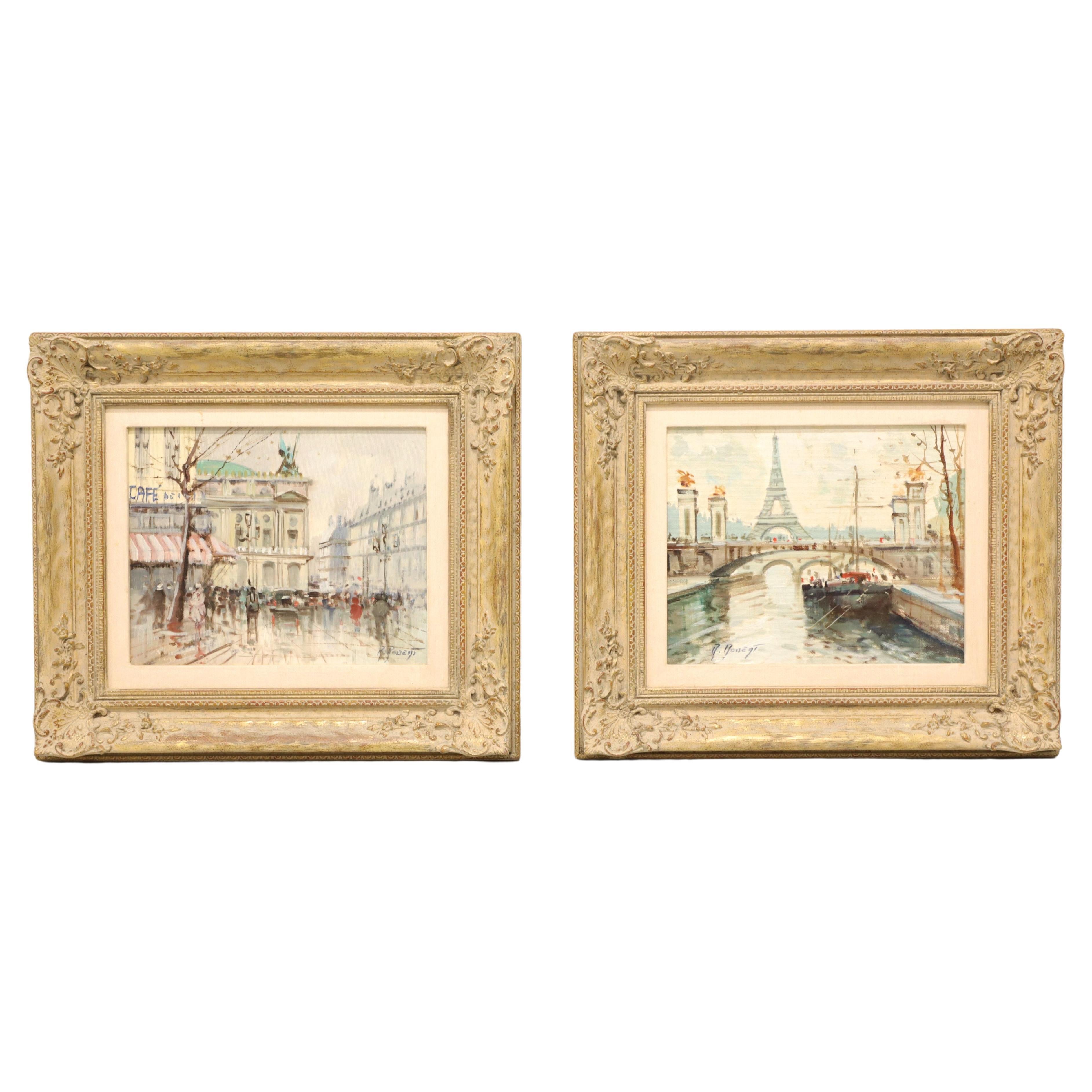 Mid 20th Century Original Oil on Canvas Paintings of Paris - Signed - Pair For Sale