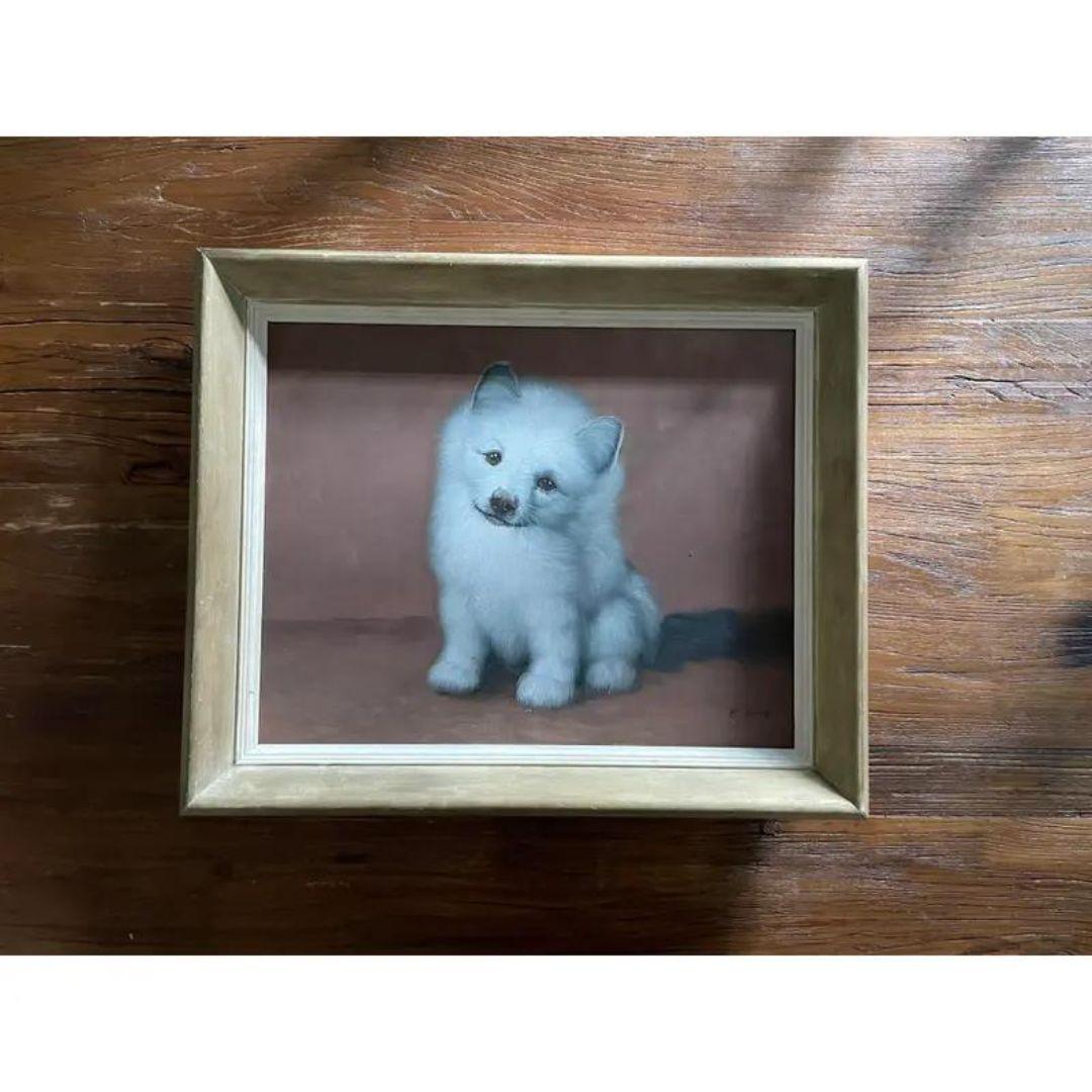 Canvas Mid 20th Century Original Portrait Oil Painting of a Dog Signed H. King, Framed