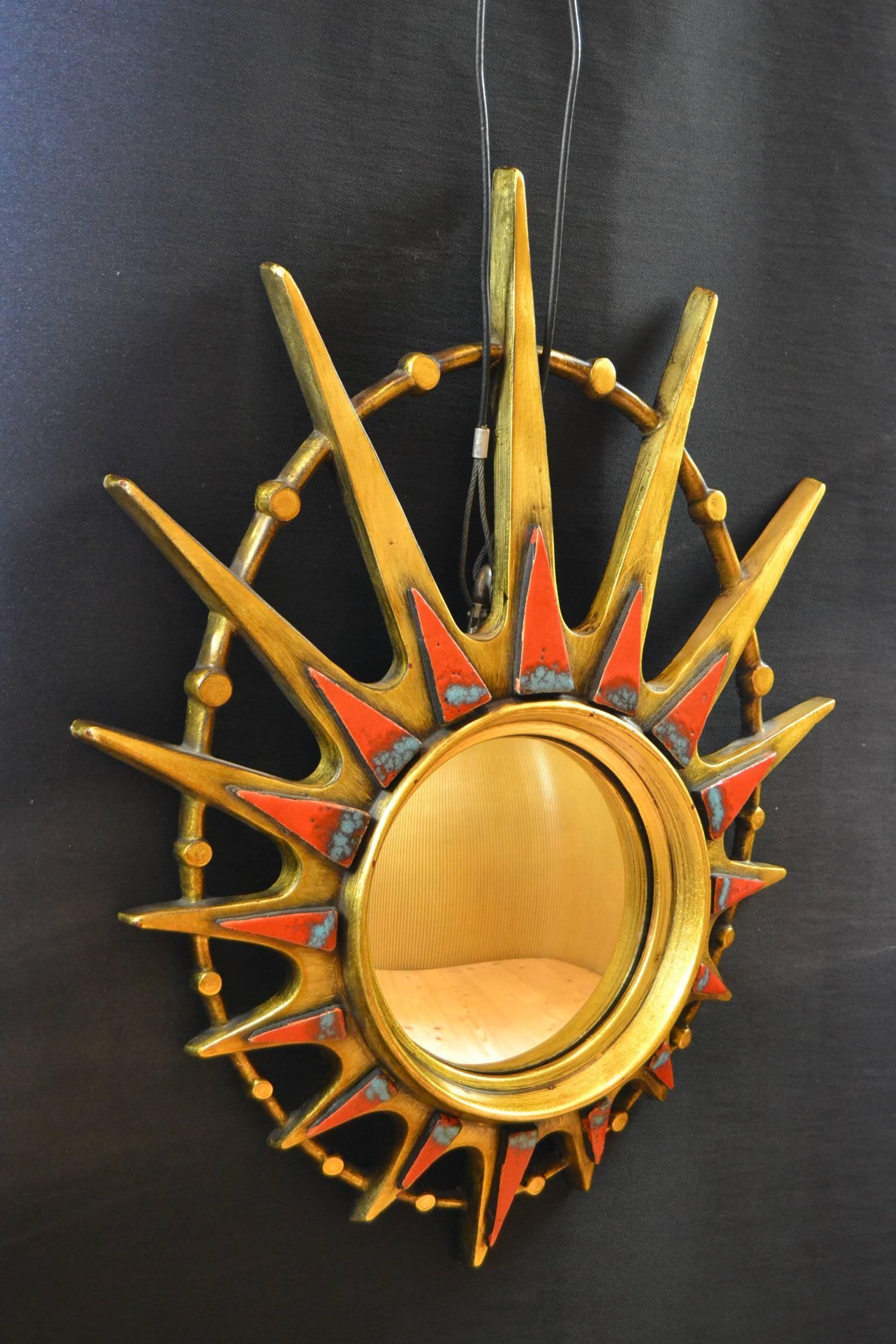Mid-20th Century Oval Gilded Sunburst Mirror with Blue and Red Ceramic Details 2