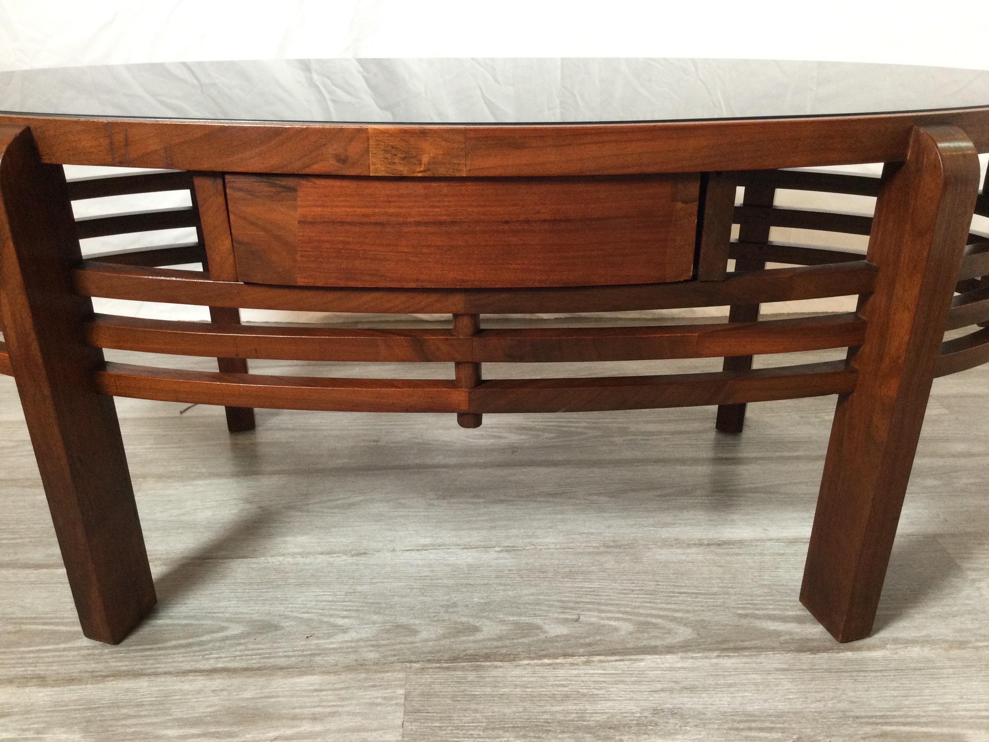 Art Deco Mid 20th Century Oval Walnut Cocktail Table with Black Glass Top