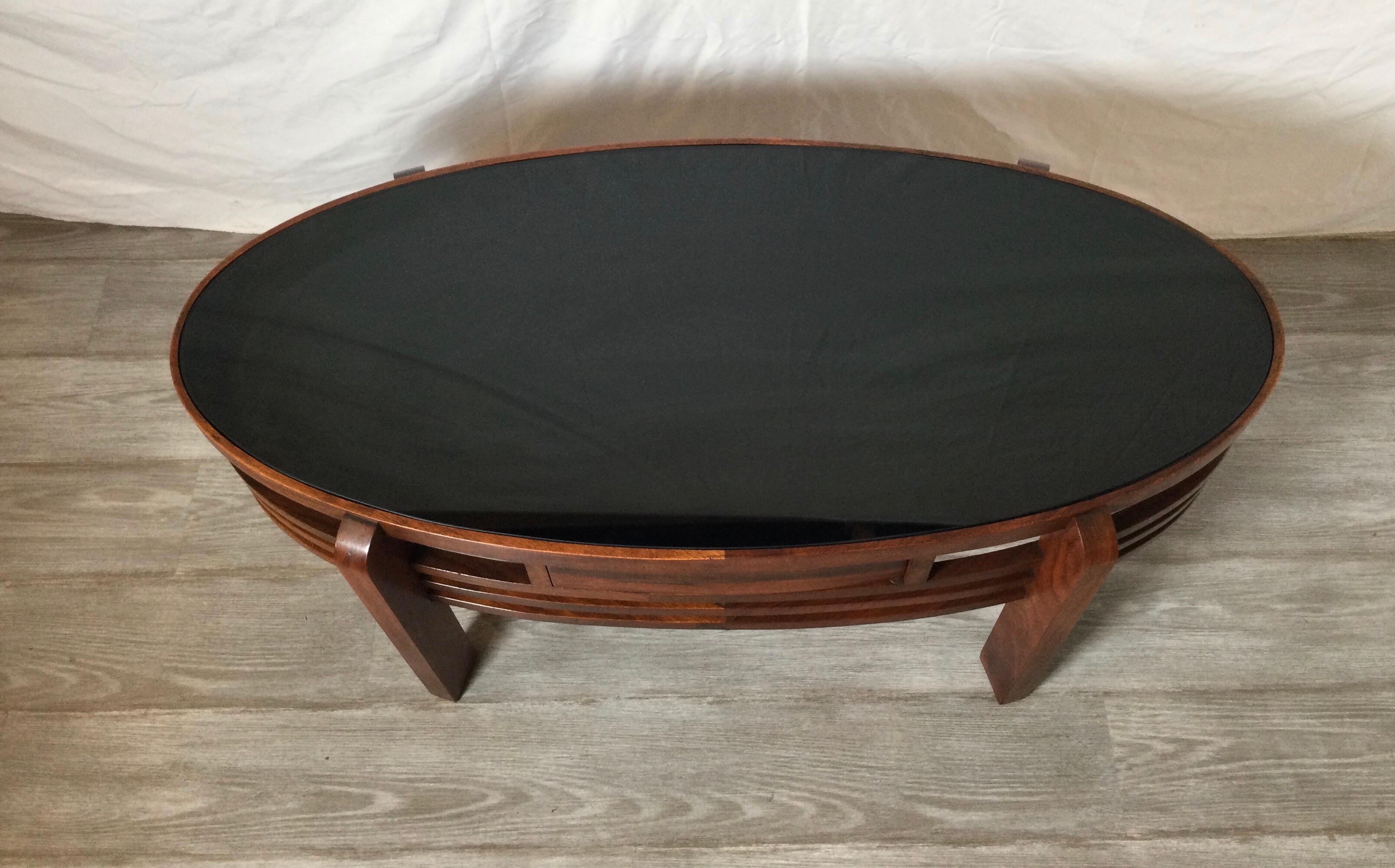 Mid 20th Century Oval Walnut Cocktail Table with Black Glass Top 2