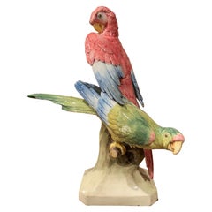 Retro Mid-20th Century Painted Ceramic Barbotine Parrot Composition Sculpture