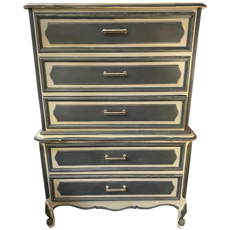 Mid20th Century Painted Grey and Charcoal Highboy Dresser with Chrome