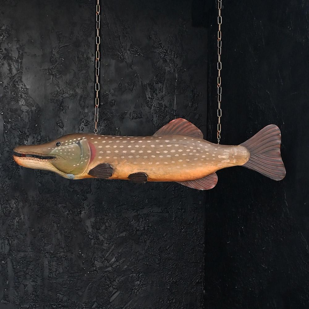 Mid-20th Century Painted Metal Fishing Store Trade Sign 

A large example of a mid-20th Century hand painted tin tackle/fishing shop trade sign. Likely to have been hung in a shop window to advertise service. Showing some loss to surface and with an