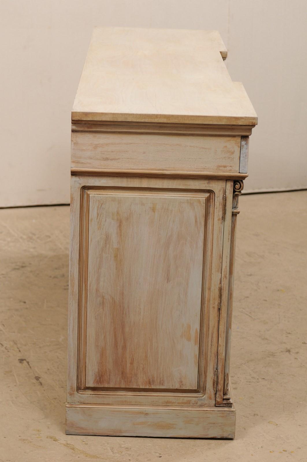 American A Mid-20th C. 6 Ft Long Painted Wood Buffet Cabinet w/ Corinthian Column Accents For Sale