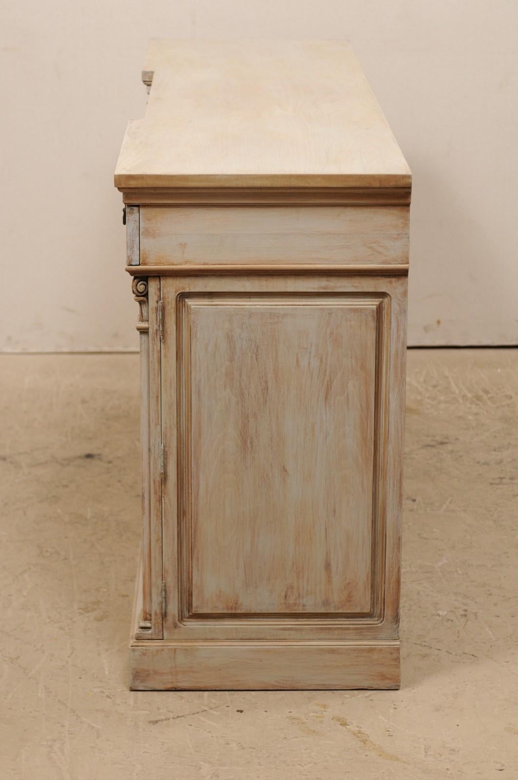 Carved A Mid-20th C. 6 Ft Long Painted Wood Buffet Cabinet w/ Corinthian Column Accents For Sale