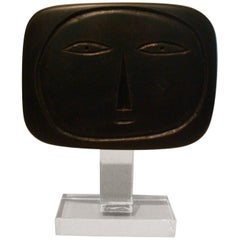 Mid-20th Century Painted Wood Face Sculpture 1950s Signed L.N