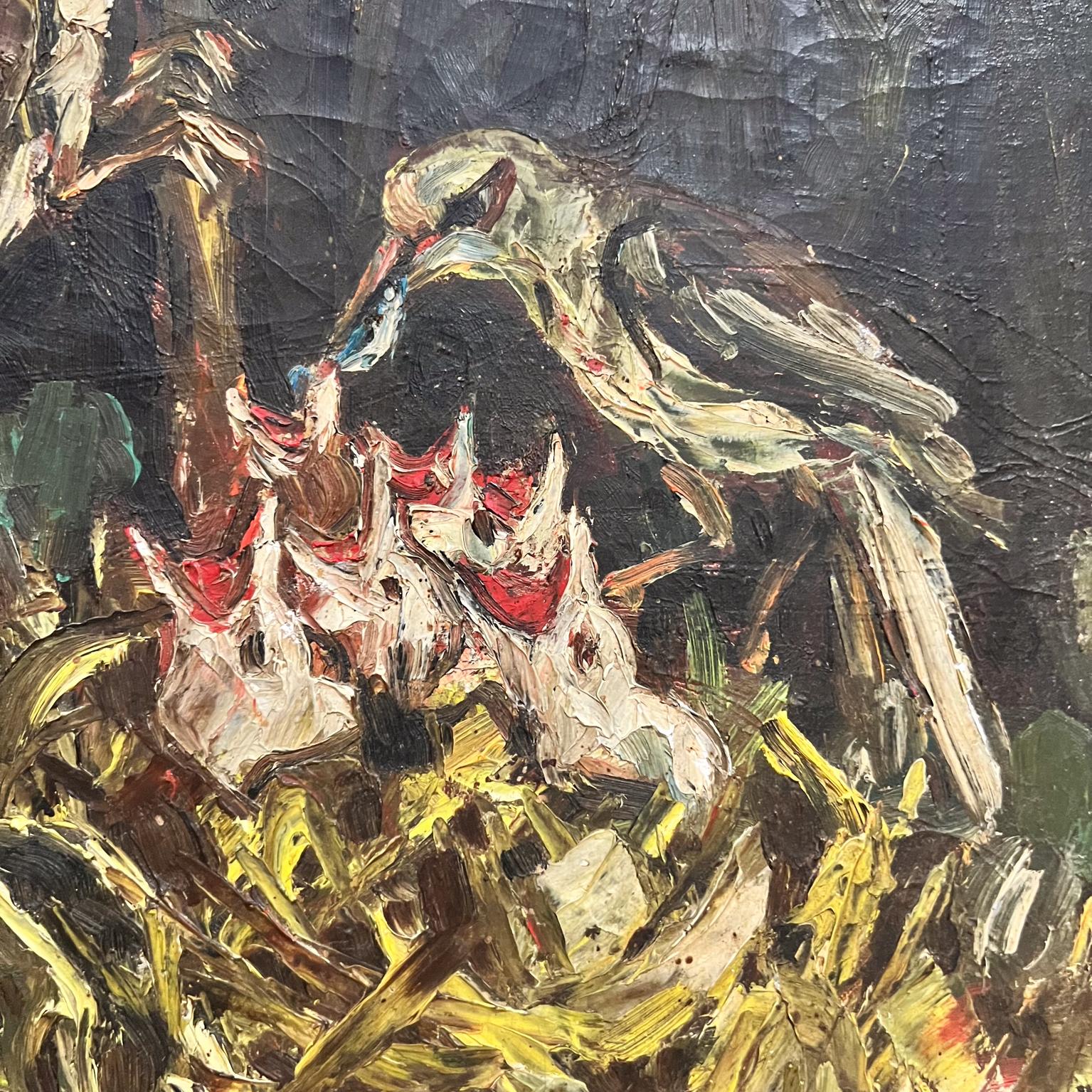 Pittura della metà del XX secolo Uccelli pulcini Natura morta Impressionista Olio su tela in vendita 6
