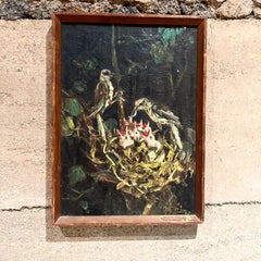 Mid 20th Century Painting Bird Chicks Still Life Impressionist Oil Canvas