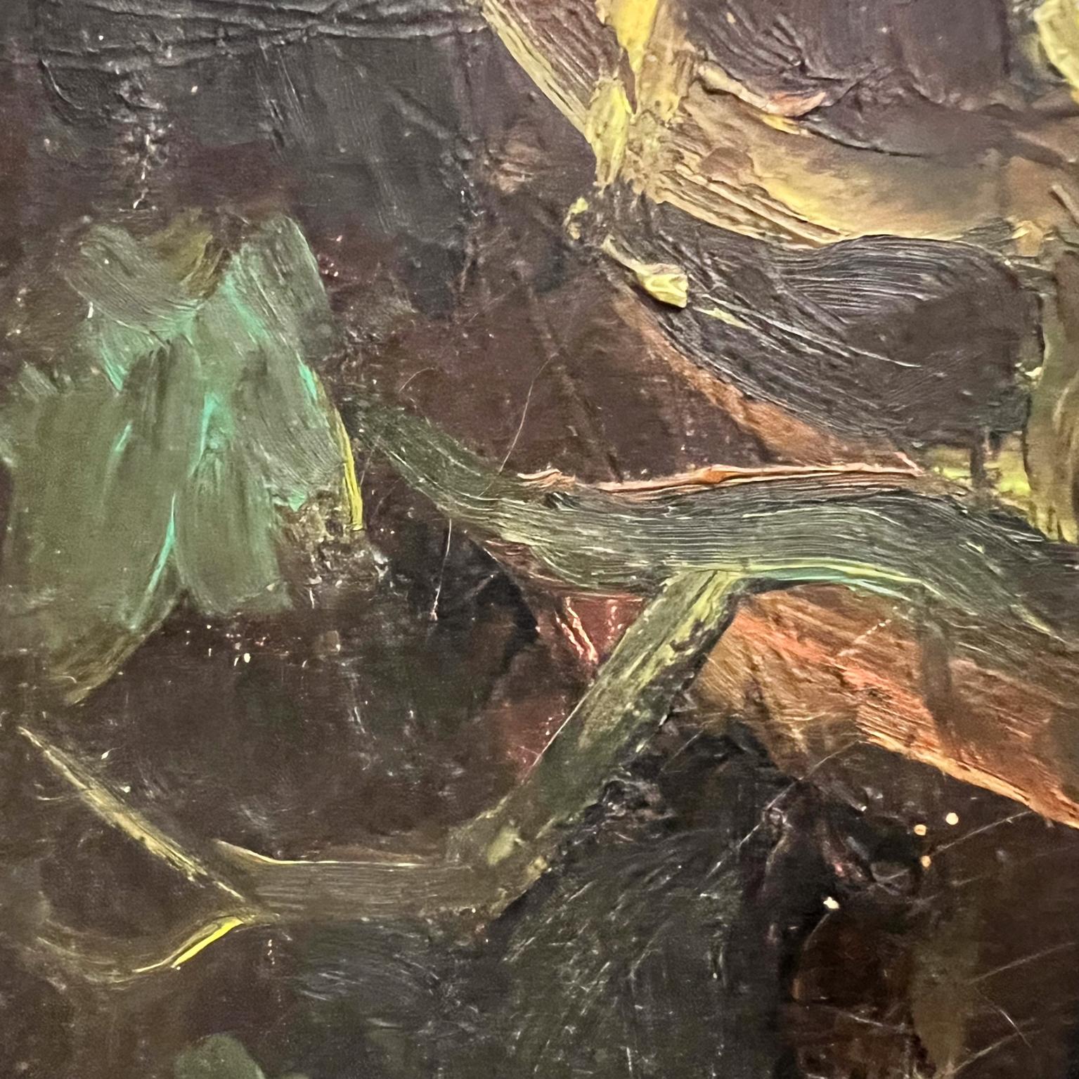 Mid-Century moderno Pittura della metà del XX secolo Uccelli pulcini Natura morta Impressionista Olio su tela in vendita
