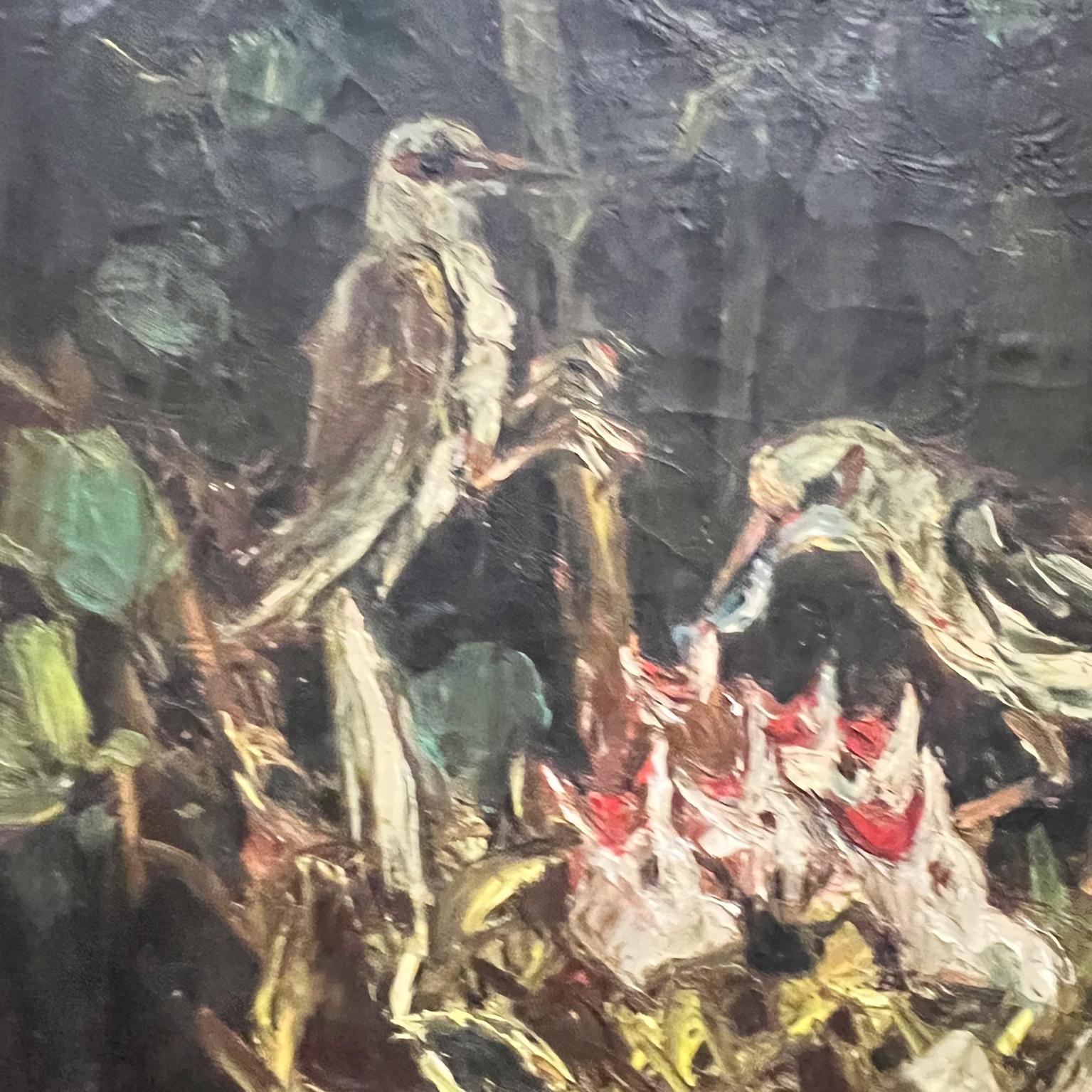 Pittura della metà del XX secolo Uccelli pulcini Natura morta Impressionista Olio su tela in vendita 4