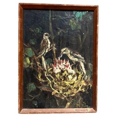 Mid 20th Century Painting Bird Chicks Still Life Impressionist Oil Canvas