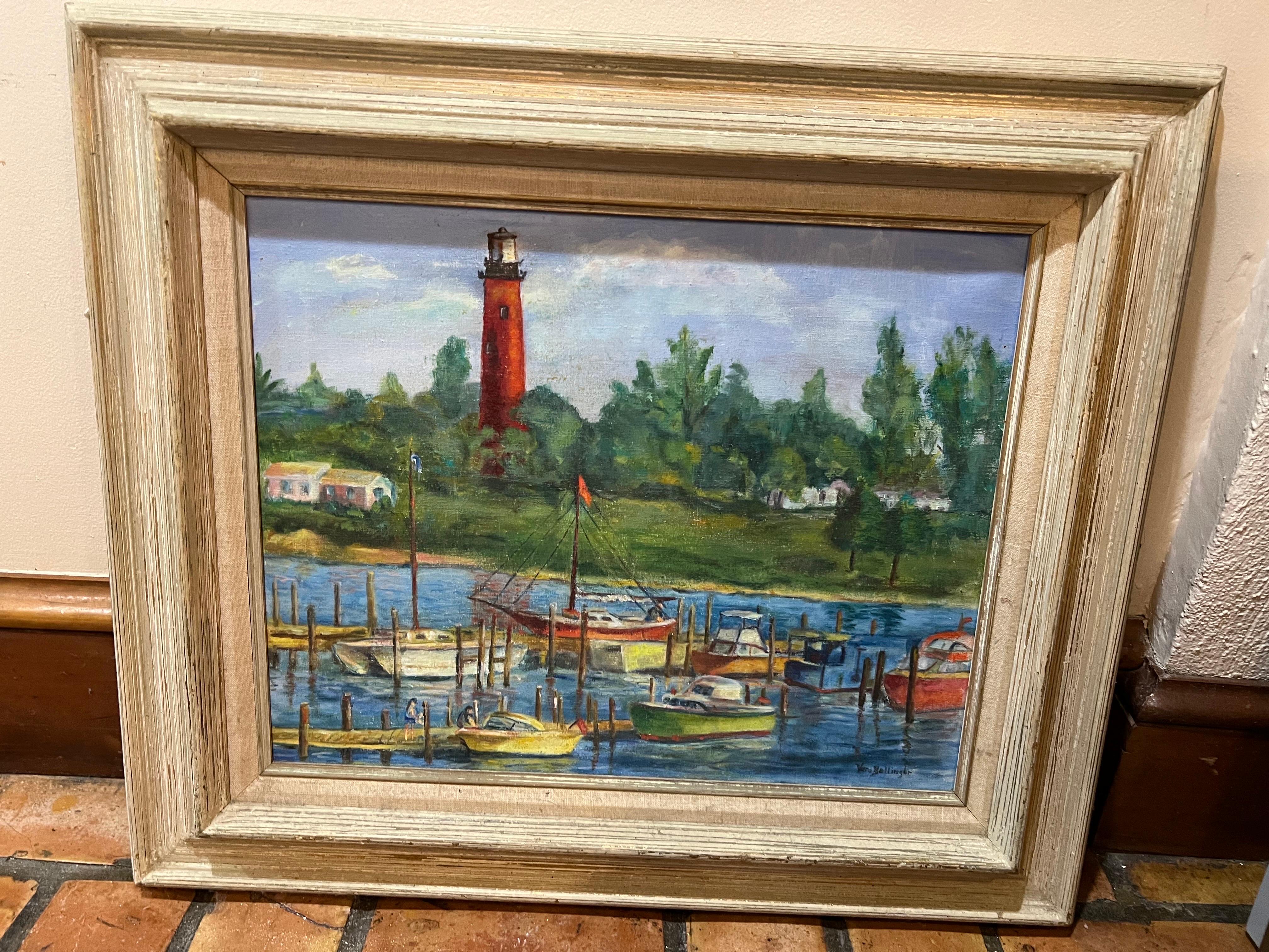 Mid-20th century painting of a lighthouse in a harbor. Colorful, happy composition of colors. Signed Vera Bettinger? Solid wooden frame. This item can parcel ship domestically for $69.