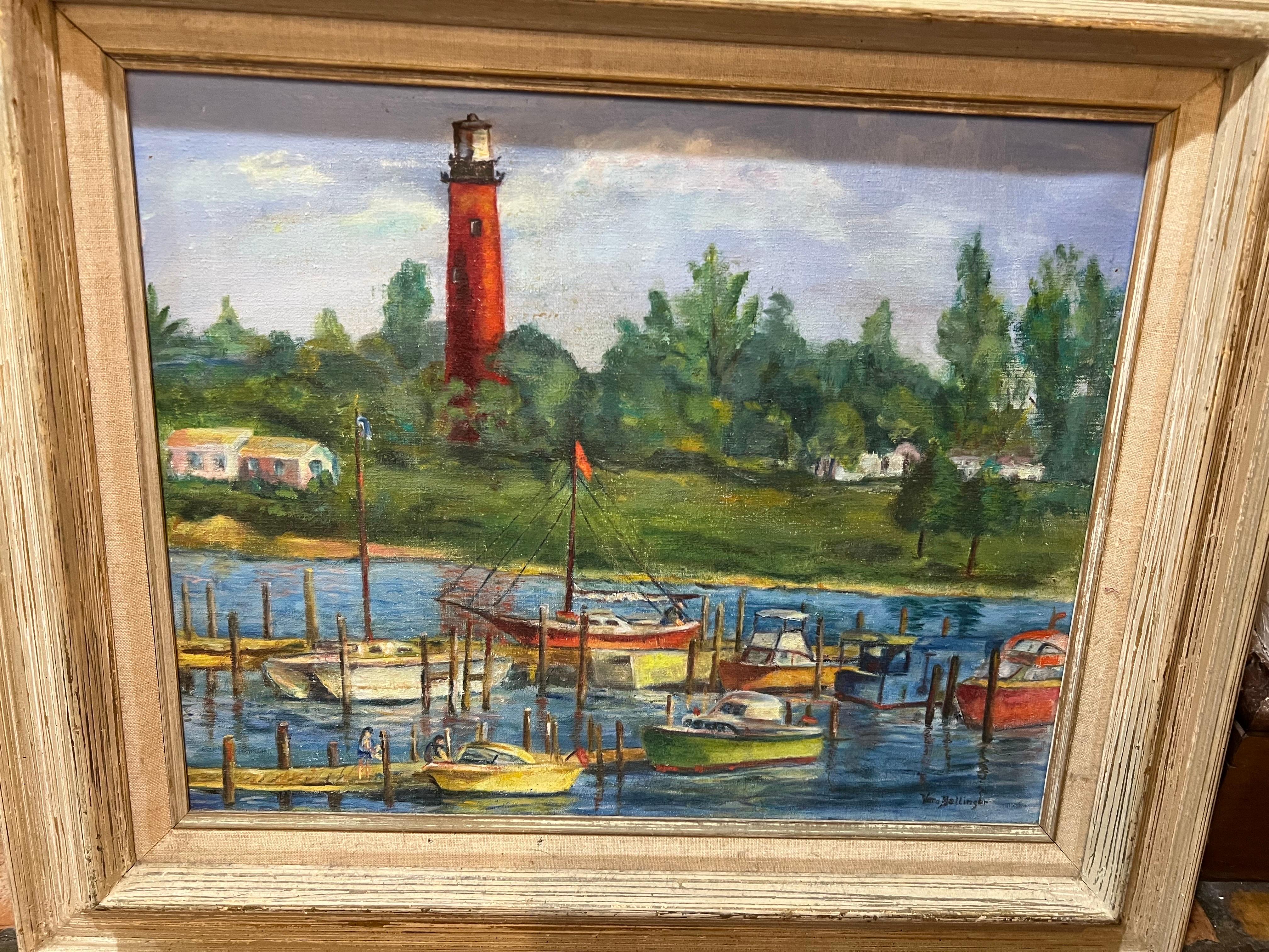 Mid-20th Century Painting of a Lighthouse In Good Condition For Sale In Redding, CT