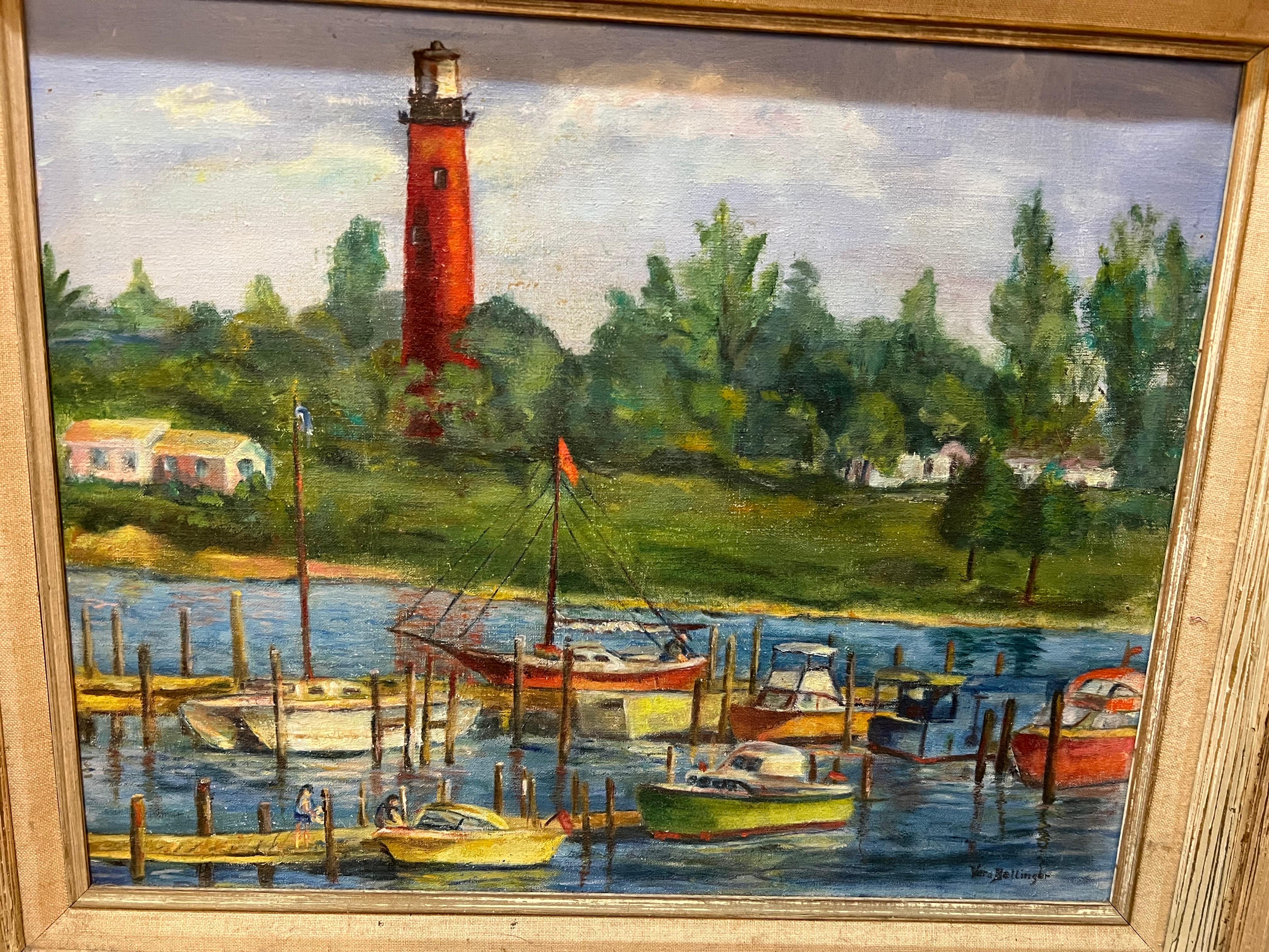 Canvas Mid-20th Century Painting of a Lighthouse For Sale