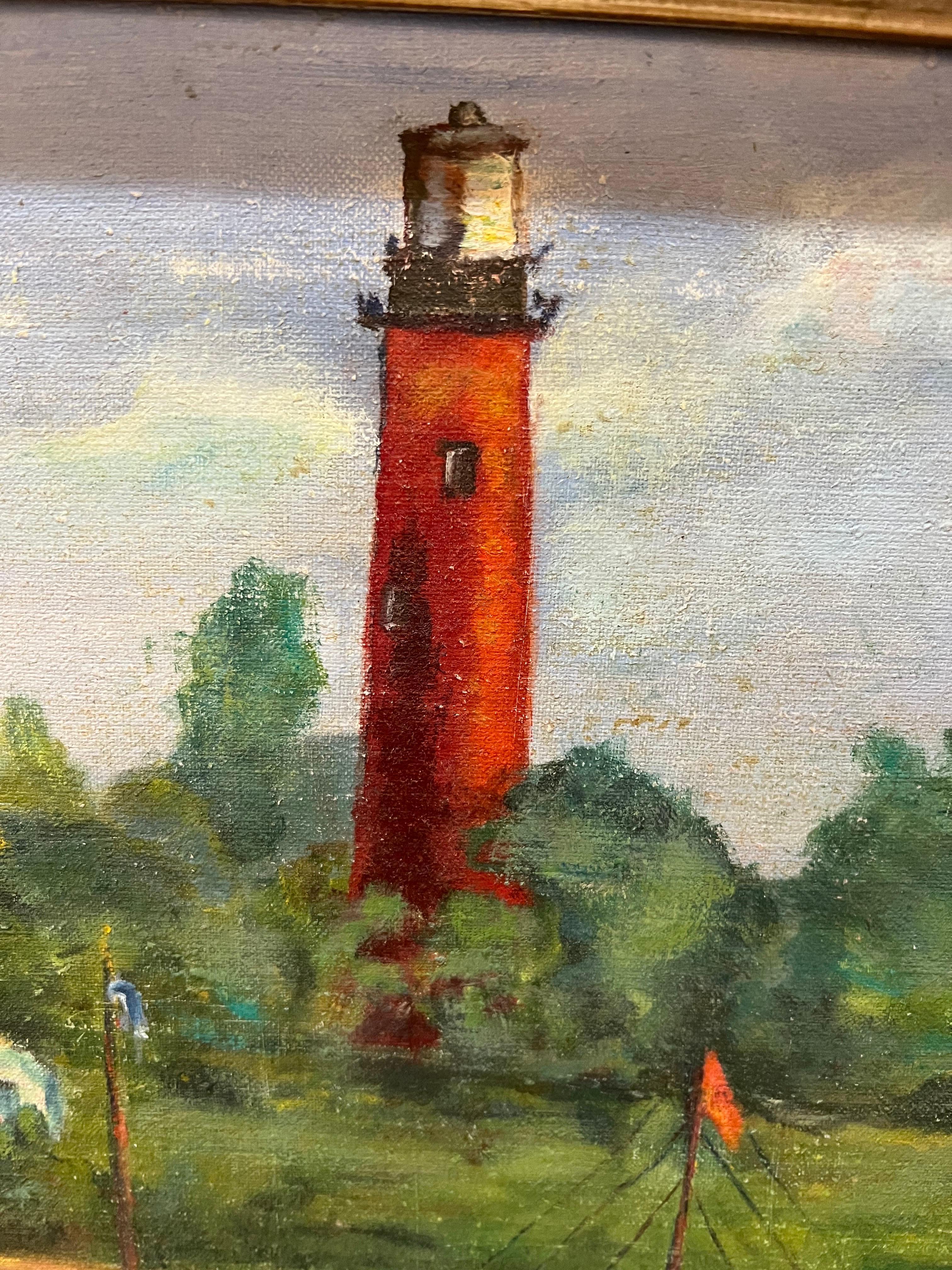 Toile Peinture du milieu du 20e siècle représentant un phare en vente