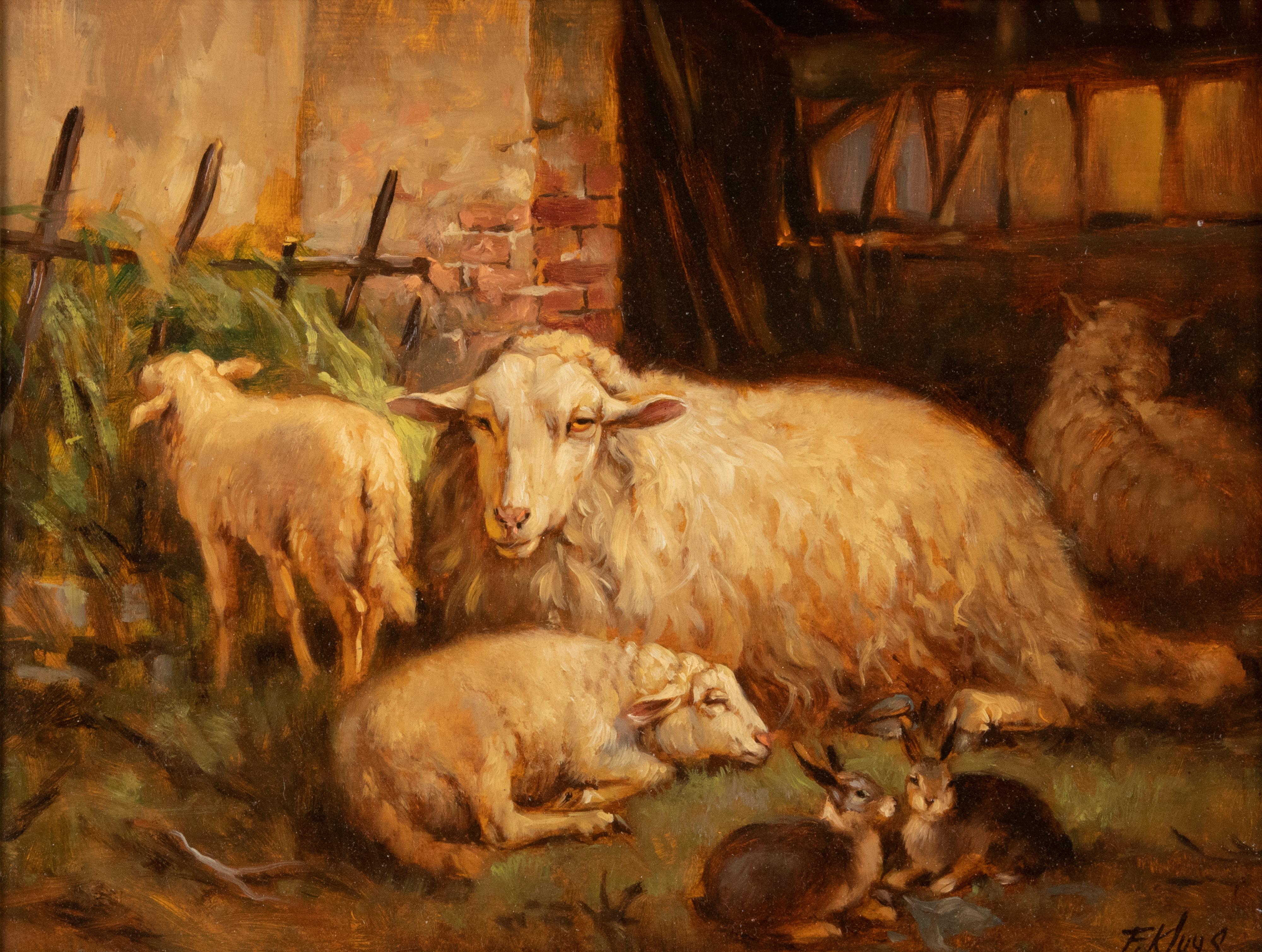 Sweet painting with a group of sheep and some rabbits in the foreground. It is painted with oil on a wooden panel. Framed in a gold-coloured wooden frame. The painting is signed bottom right F. Kluys. Nothing is known about this artist, it is