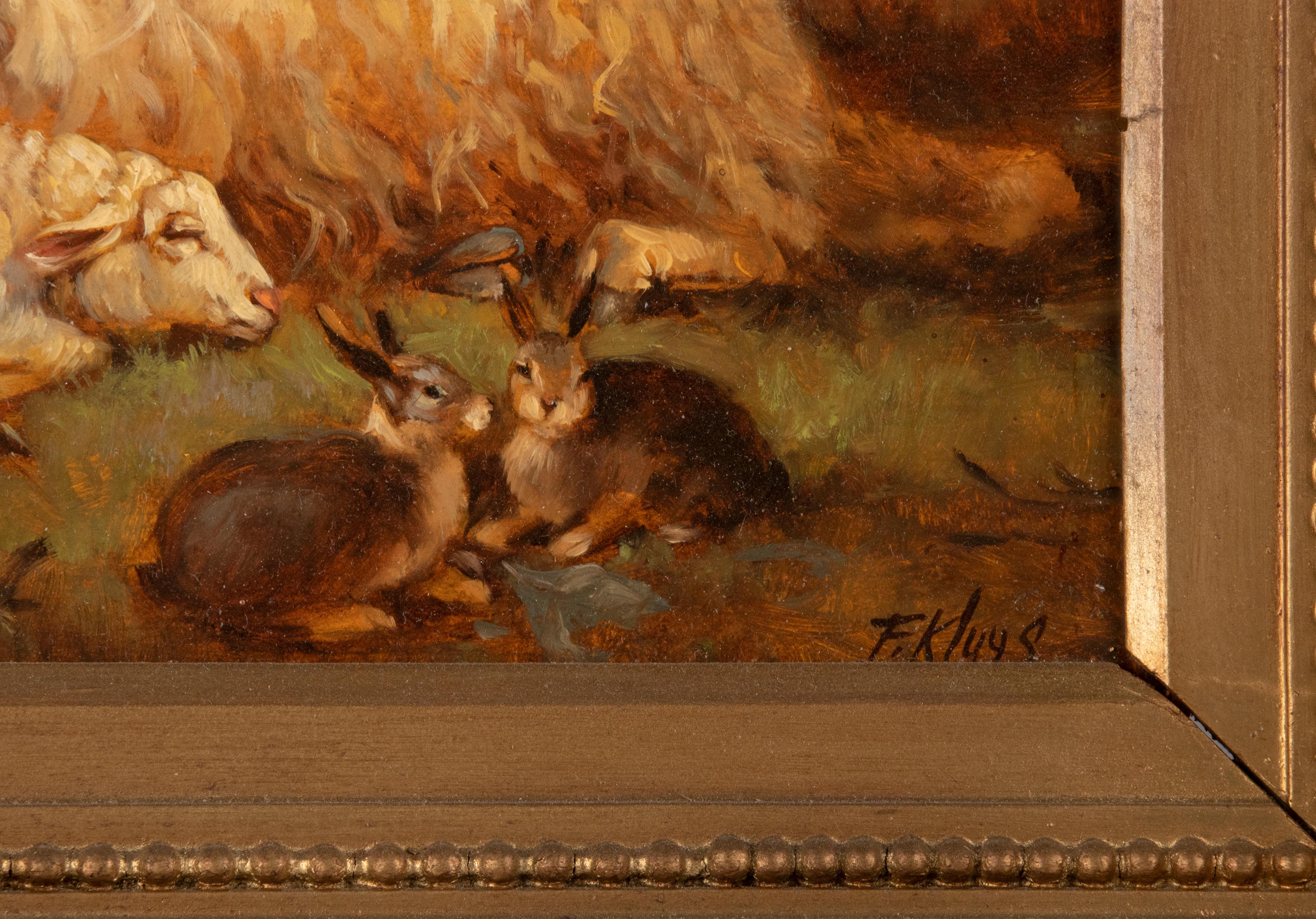 Hand-Painted Mid 20th Century Painting with Sheep and Rabbits Signed F. Kluys