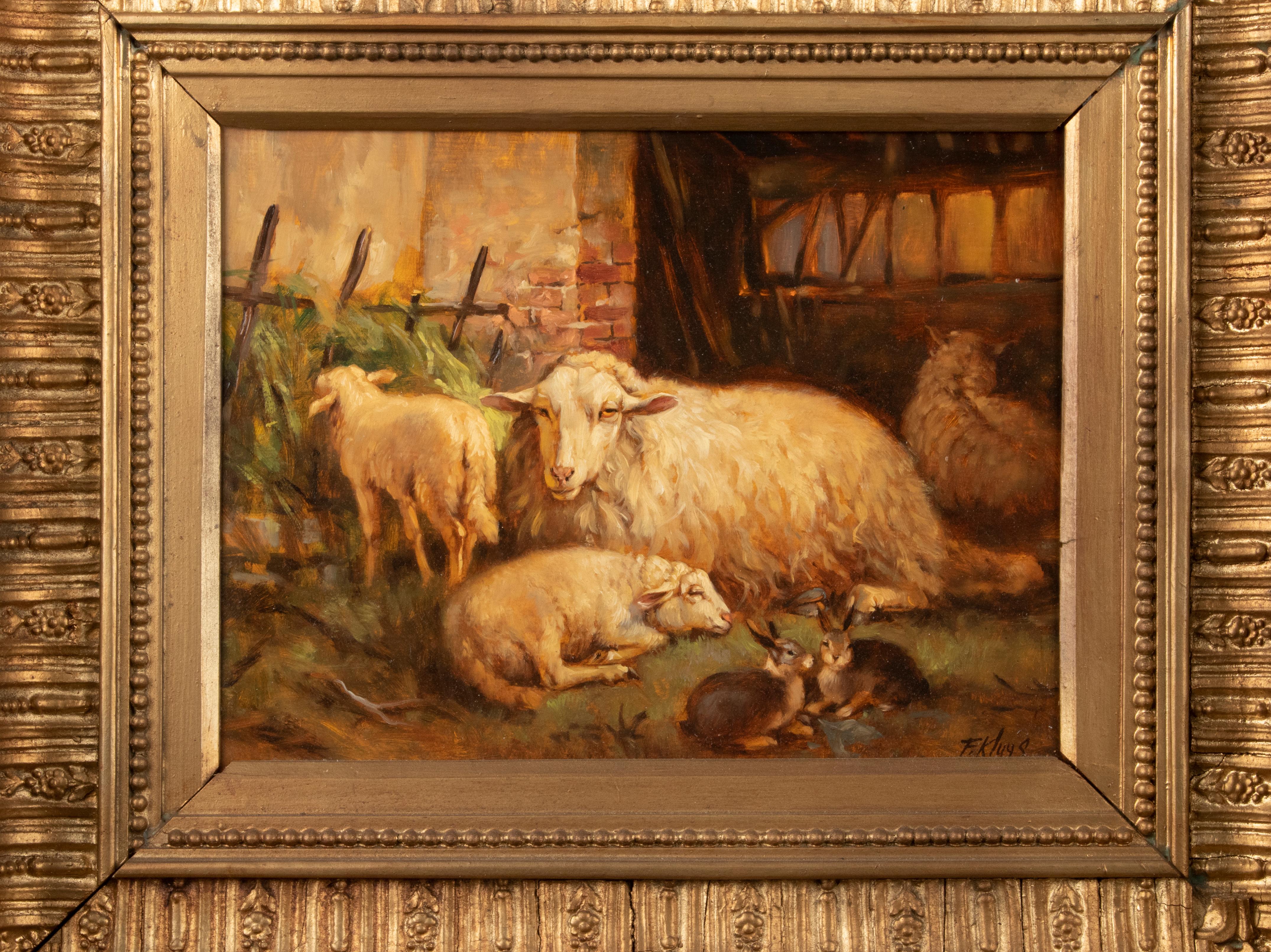 Mid-20th Century Mid 20th Century Painting with Sheep and Rabbits Signed F. Kluys