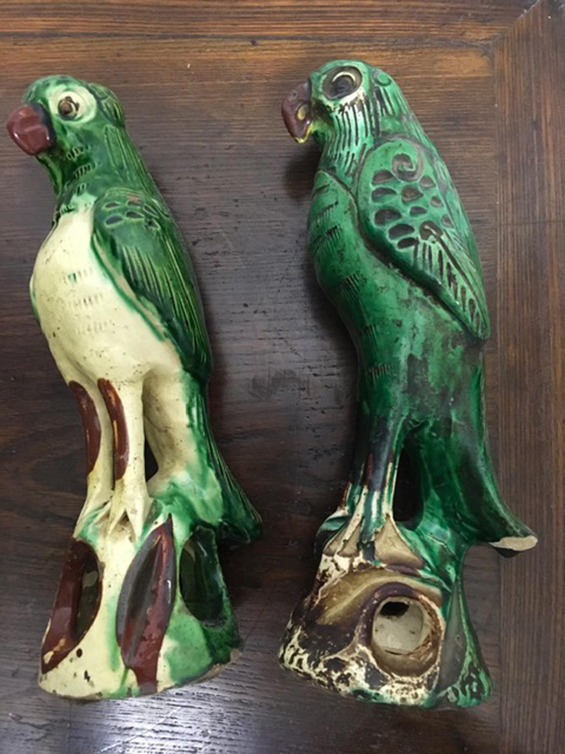 Chinese Export Mid-20th Century Pair of Ceramic Green Enameled Parrots China Export