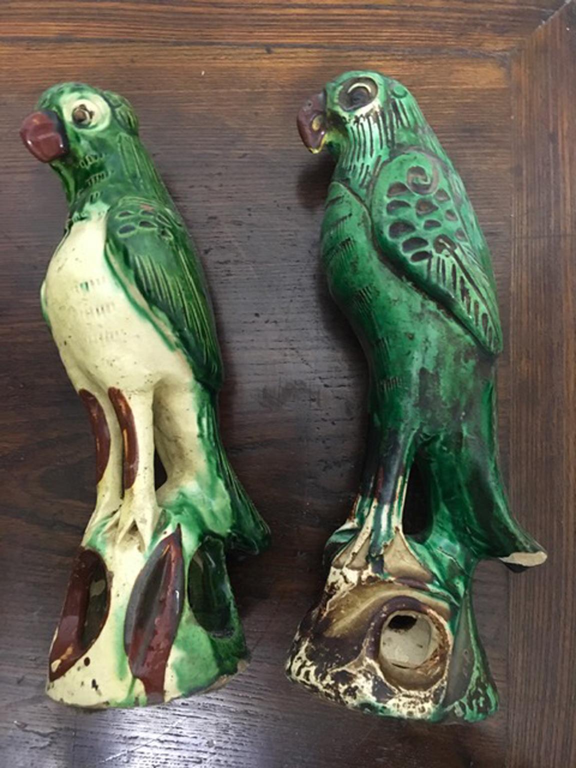 Chinese Mid-20th Century Pair of Ceramic Green Enameled Parrots China Export For Sale