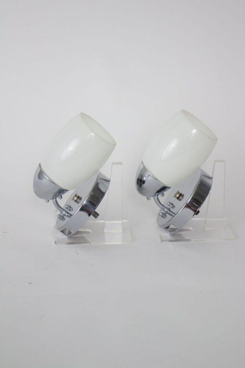 Mid-20th Century, Pair Chrome and White Glass Sconces, a Pair 1