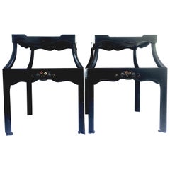 Mid-20th Century Pair of Ebonized Wood Hand Painted Rolling Two-Tier Side Tables
