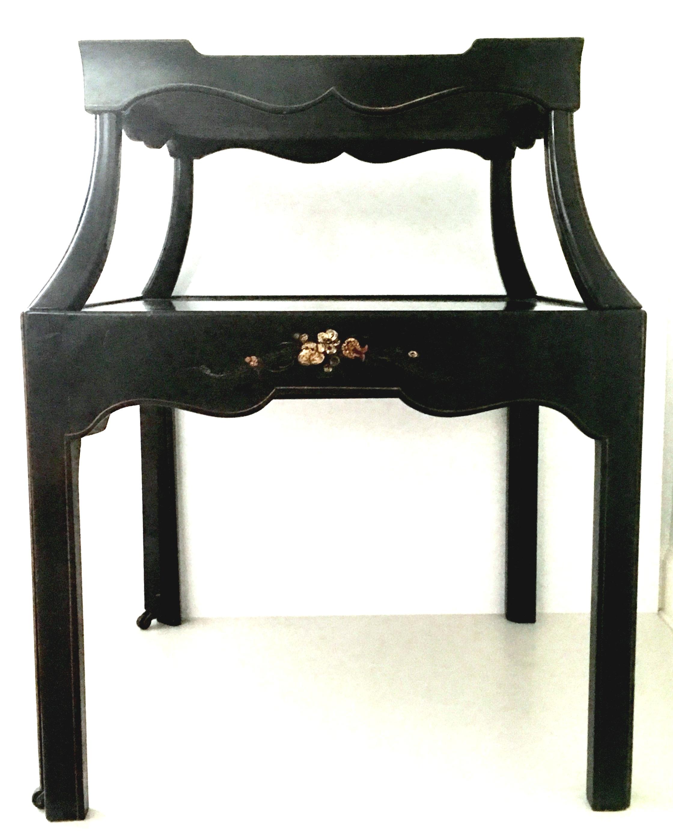 Gilt Mid-20th Century Pair of Ebonized Wood Hand Painted Rolling Two-Tier Side Tables For Sale