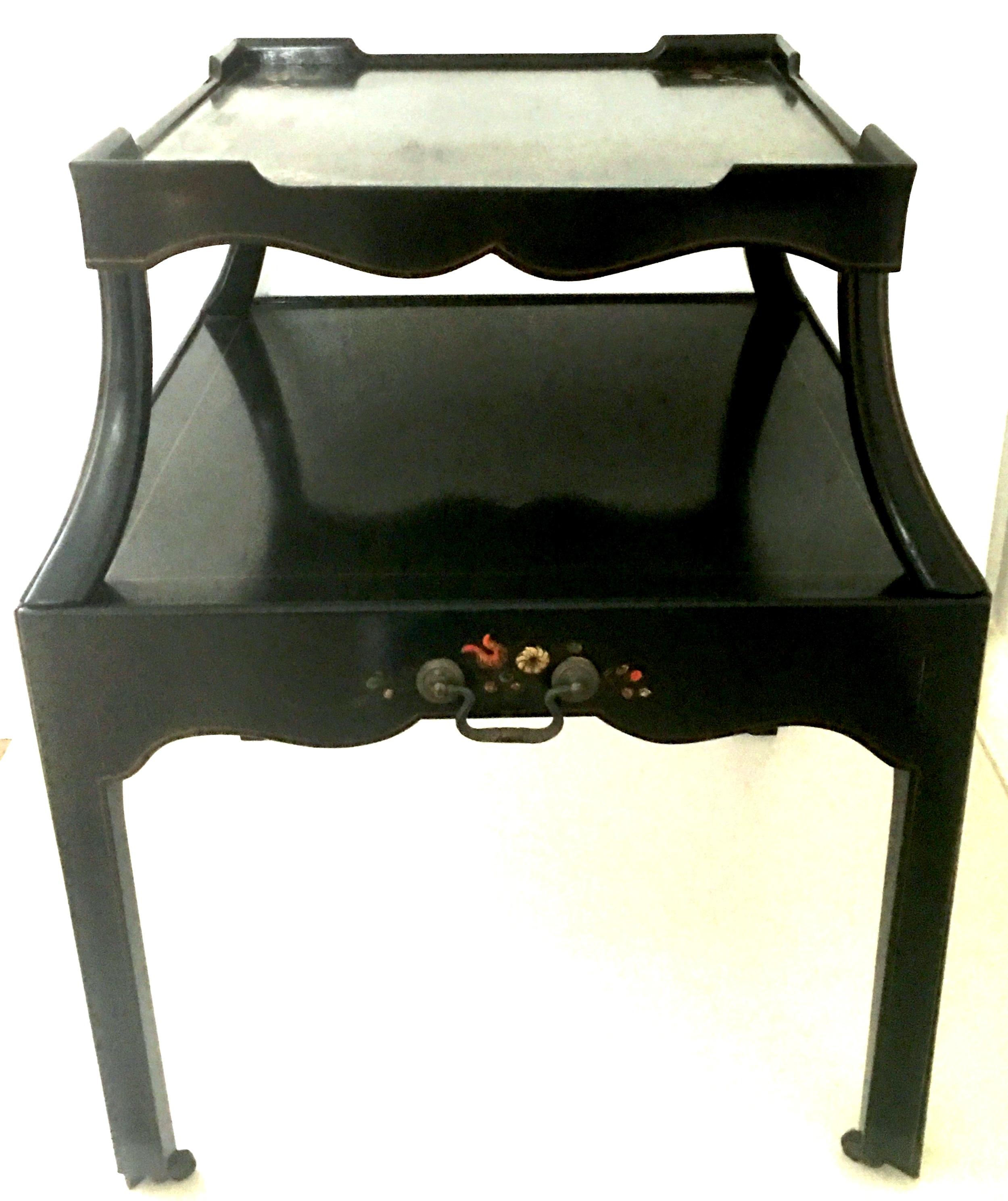 Mid-20th Century Pair of Ebonized Wood Hand Painted Rolling Two-Tier Side Tables In Good Condition For Sale In West Palm Beach, FL