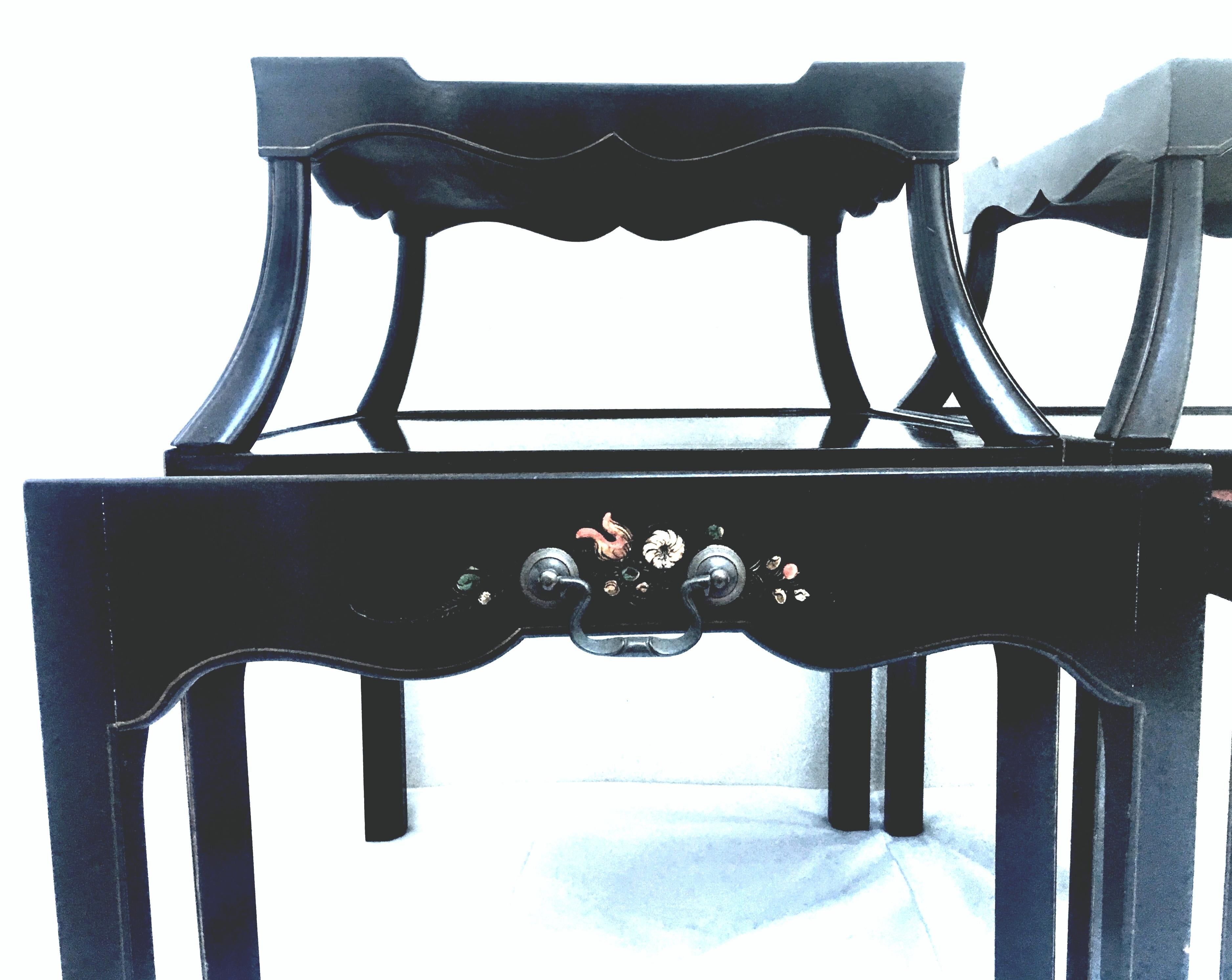 Mahogany Mid-20th Century Pair of Ebonized Wood Hand Painted Rolling Two-Tier Side Tables For Sale