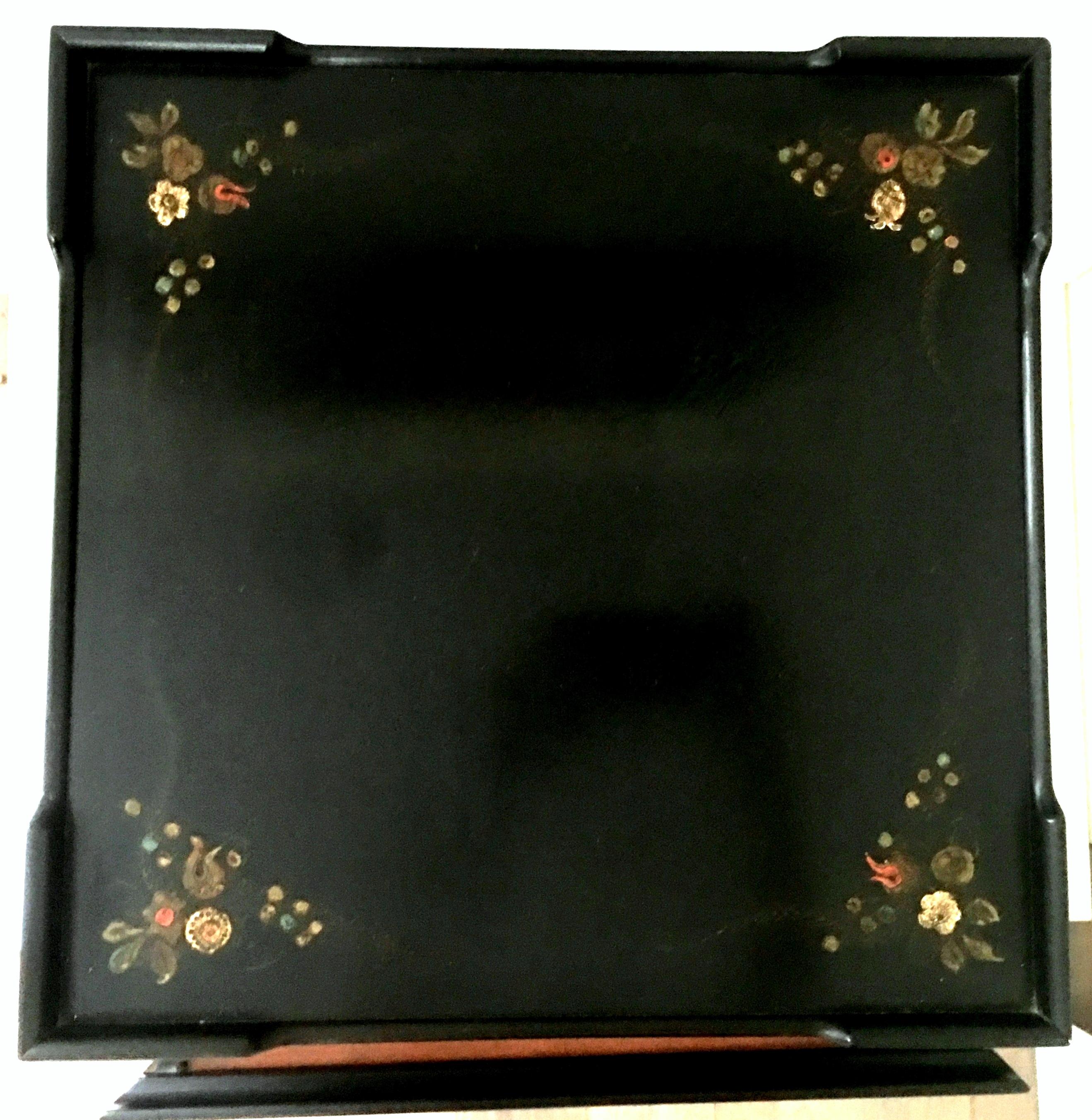 Mid-20th Century Pair of Ebonized Wood Hand Painted Rolling Two-Tier Side Tables For Sale 1