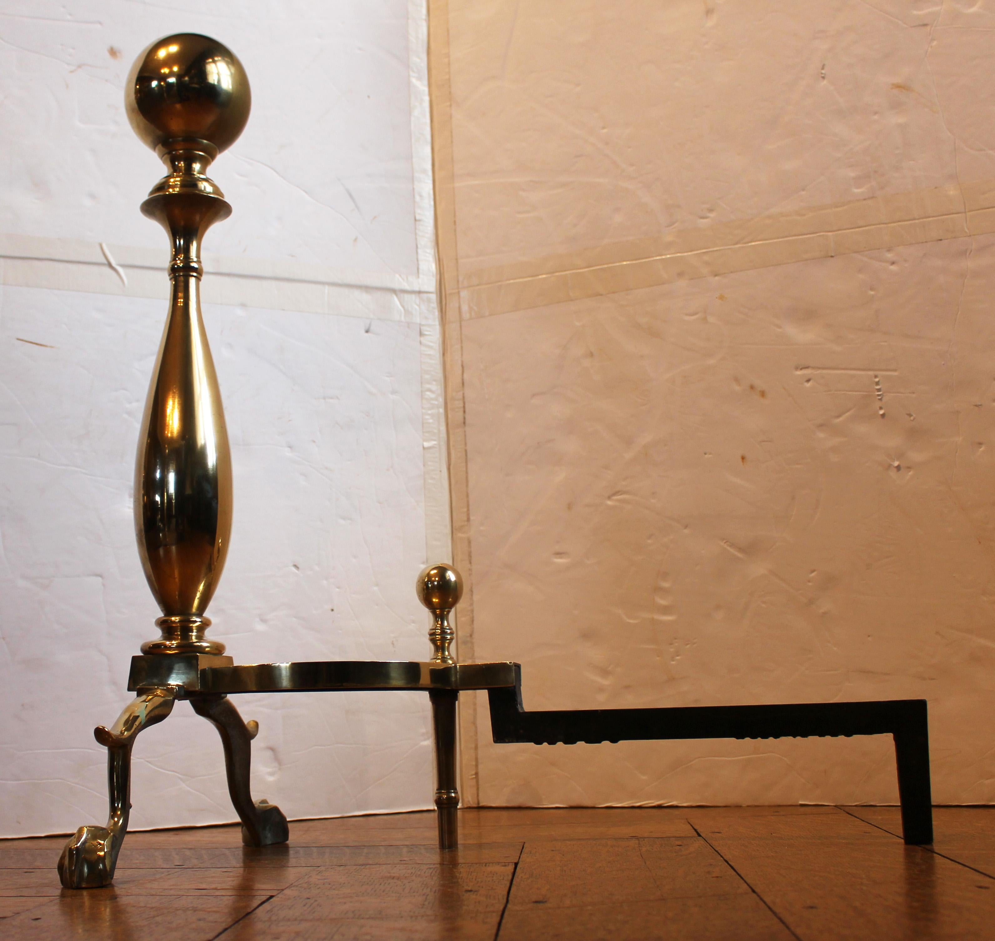 American Colonial Mid-20th Century Pair of American Brass Andirons For Sale