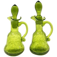 Mid-20th Century Pair of Blenko Style Blown Crackle Glass Cruet Decanters