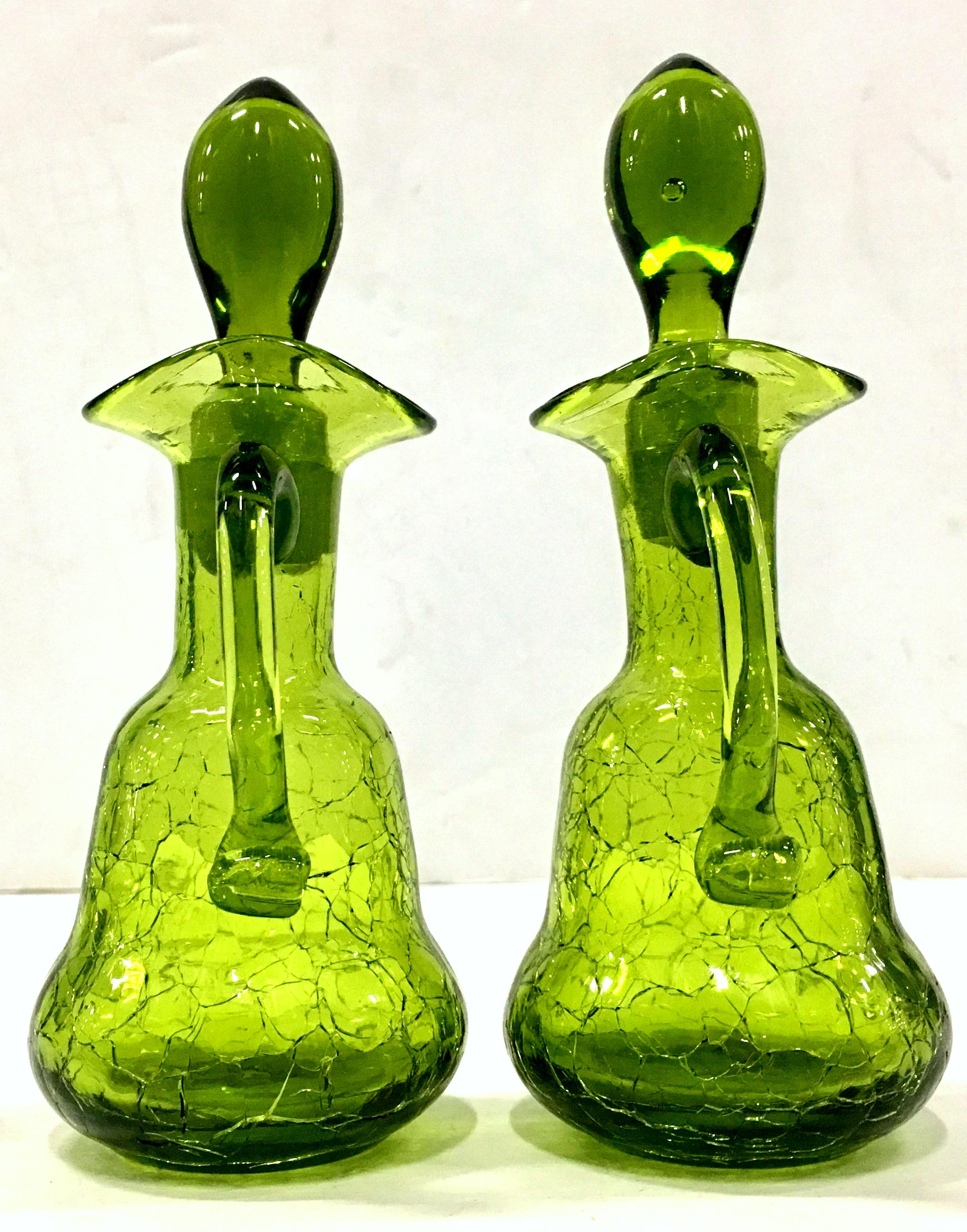 Mid-Century Modern Mid-20th Century Pair of Blenko Style Blown Crackle Glass Cruet Decanters For Sale