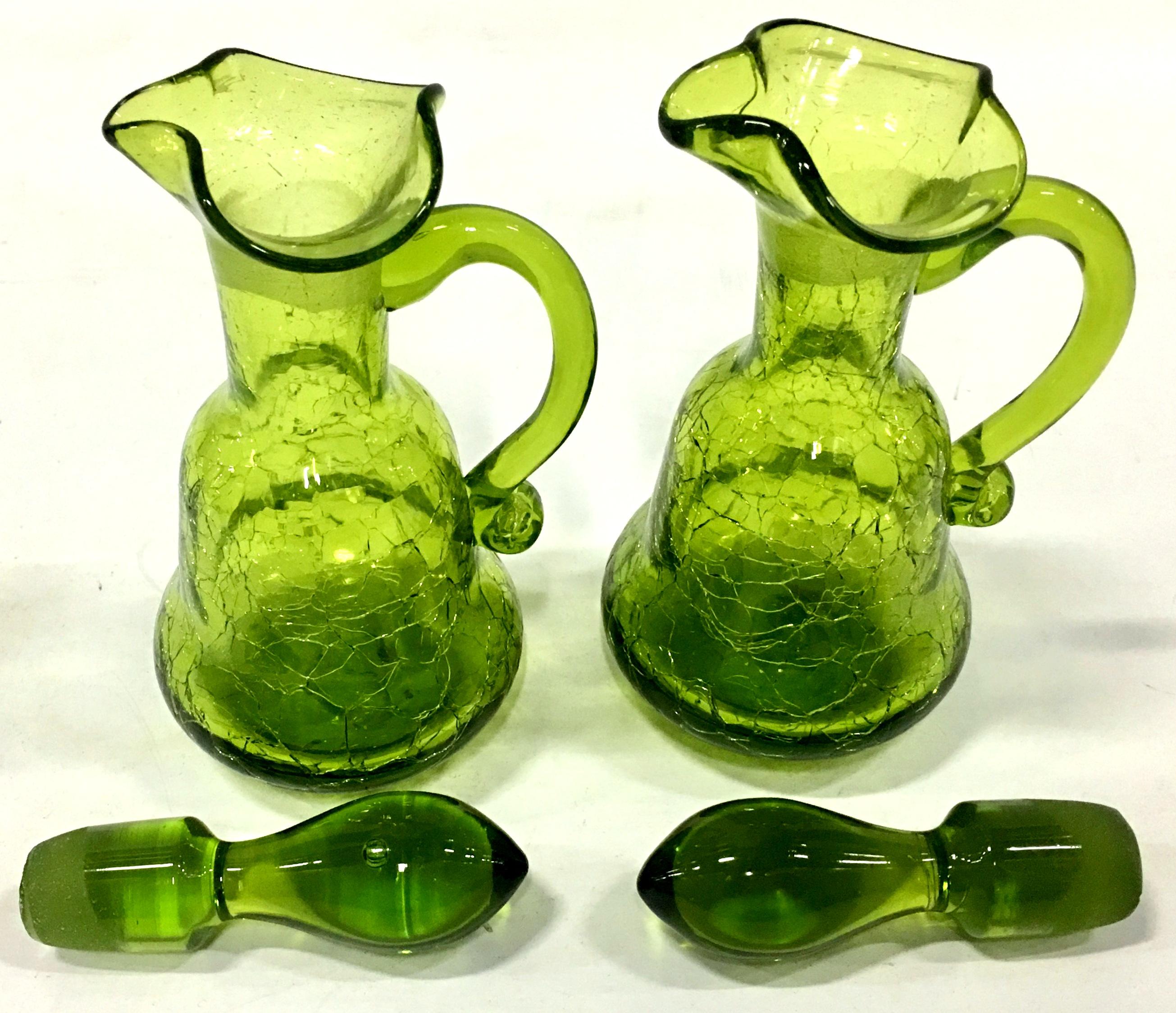 American Mid-20th Century Pair of Blenko Style Blown Crackle Glass Cruet Decanters For Sale