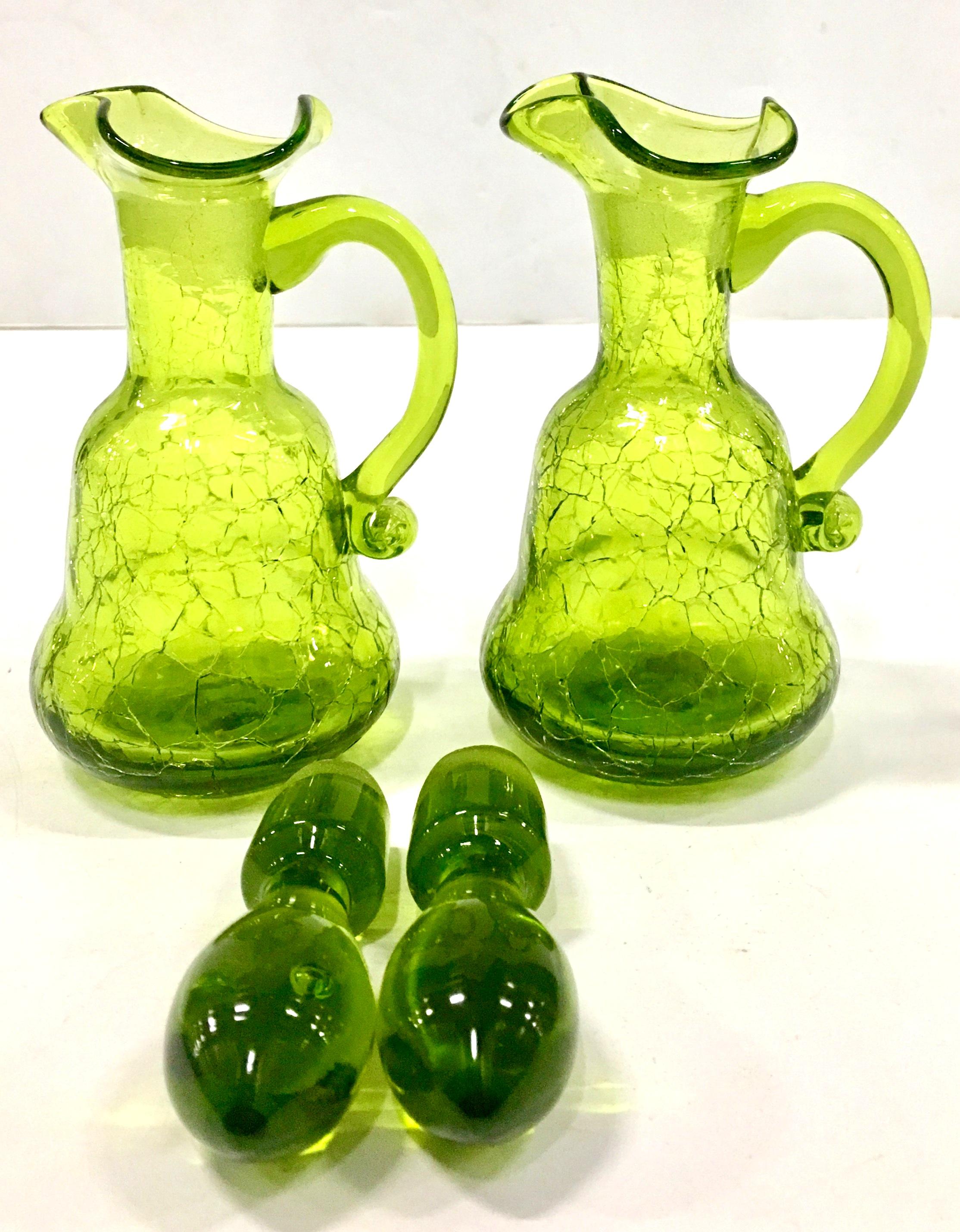 Mid-20th Century Pair of Blenko Style Blown Crackle Glass Cruet Decanters In Good Condition For Sale In West Palm Beach, FL