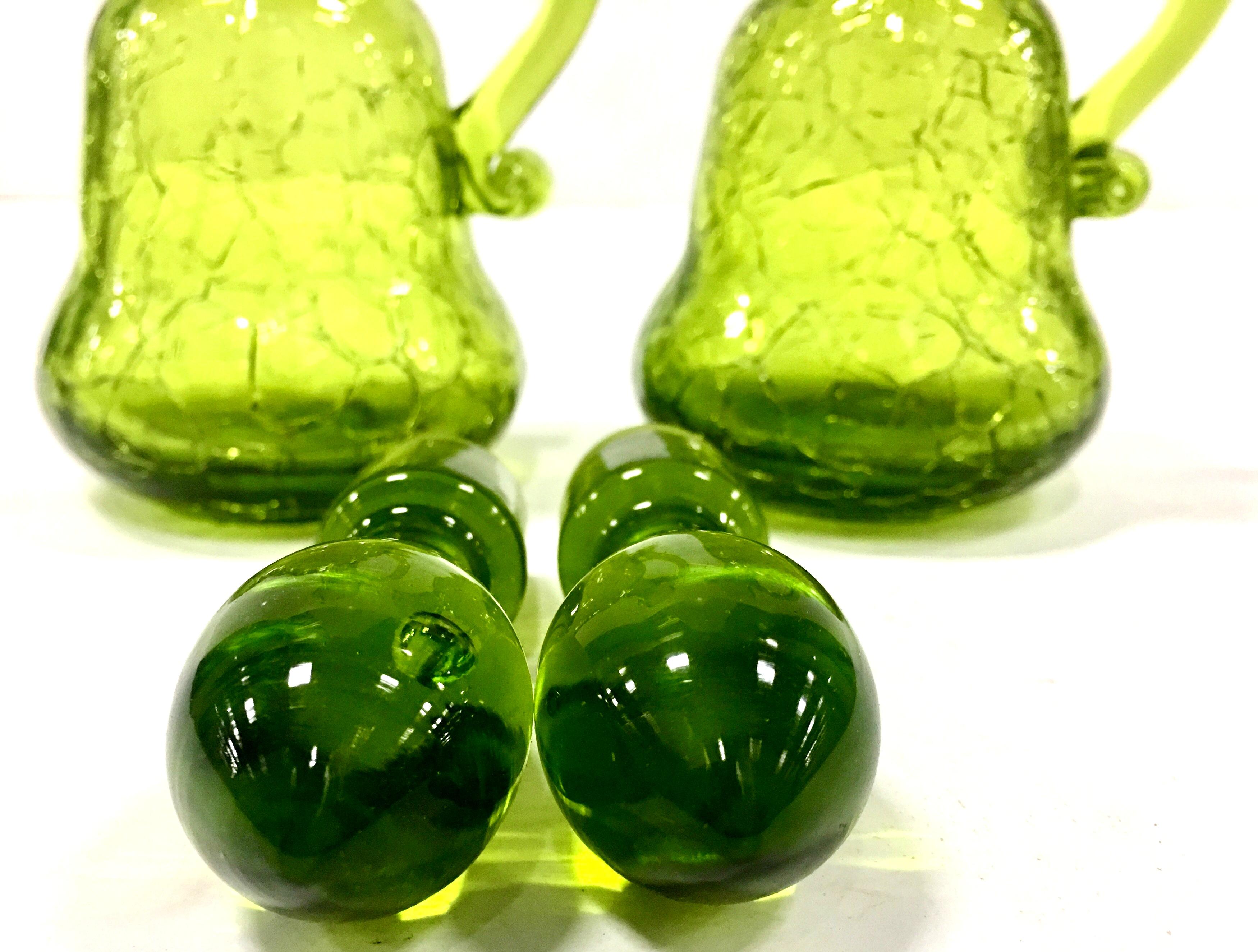Blown Glass Mid-20th Century Pair of Blenko Style Blown Crackle Glass Cruet Decanters For Sale
