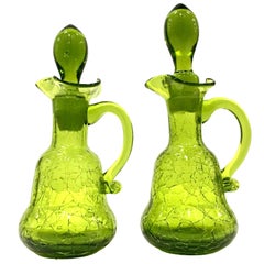 Mid-20th Century Pair of Blenko Style Blown Crackle Glass Cruet Decanters