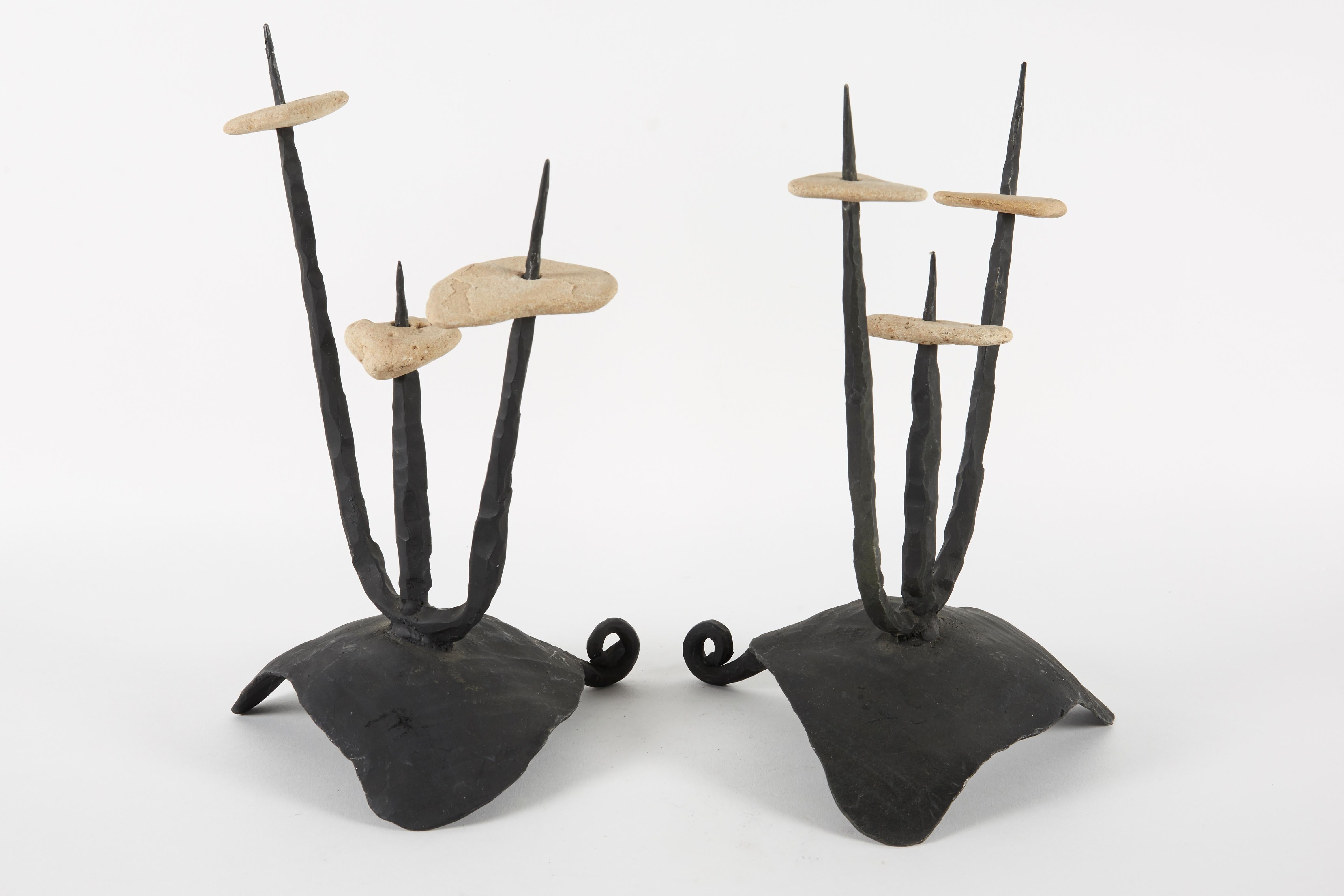 Forged Mid-20th Century Pair of Brutalist Candleholders/Sculptures by David Palombo For Sale