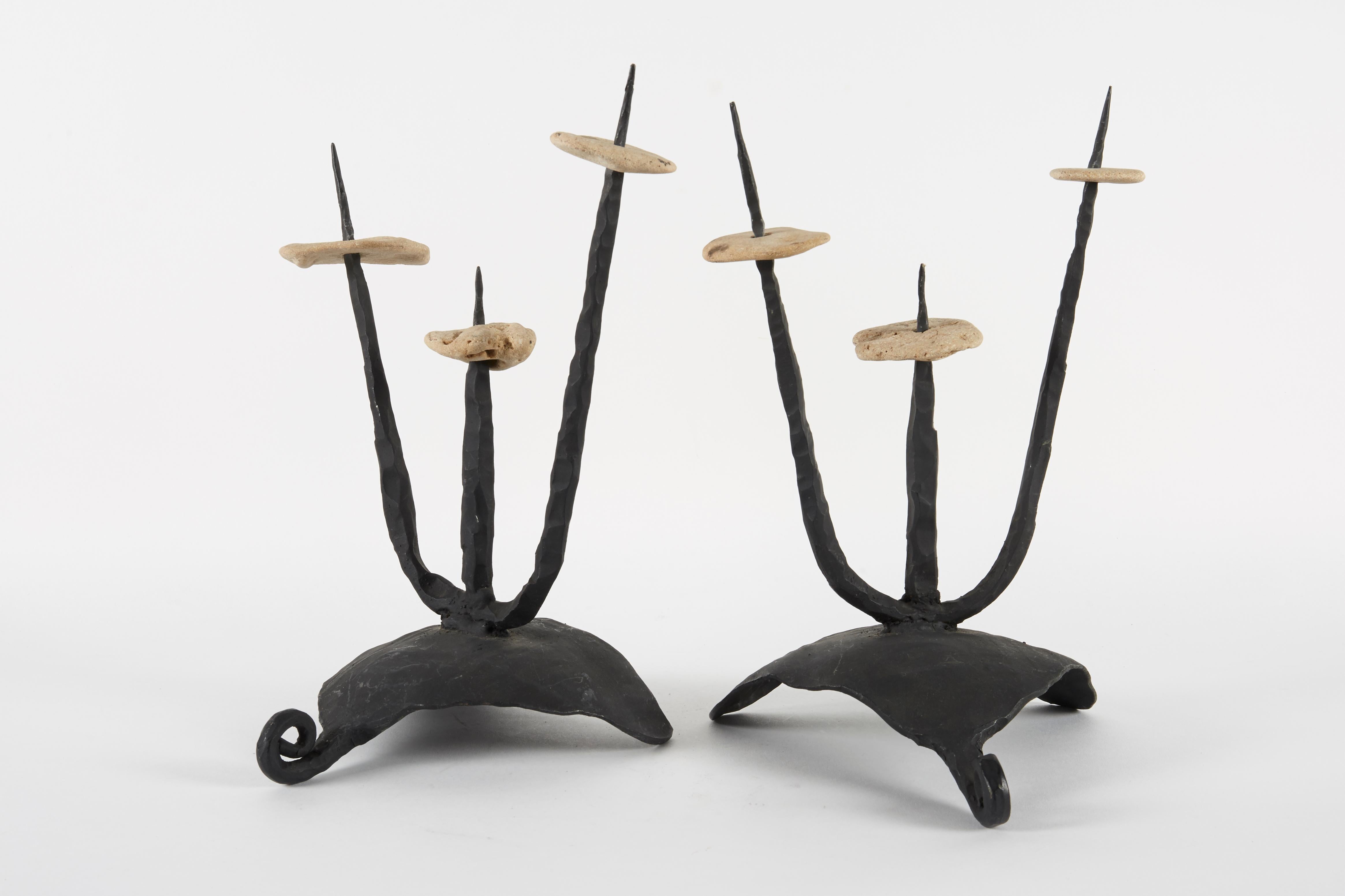 Stone Mid-20th Century Pair of Brutalist Candleholders/Sculptures by David Palombo For Sale