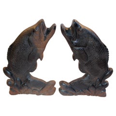 Mid-20th Century Pair of Cast Iron Leaping Trout Andirons