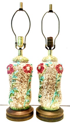 Mid-20th Century Pair of Ceramic Glaze and Gilt Brass Floral Table Lamps