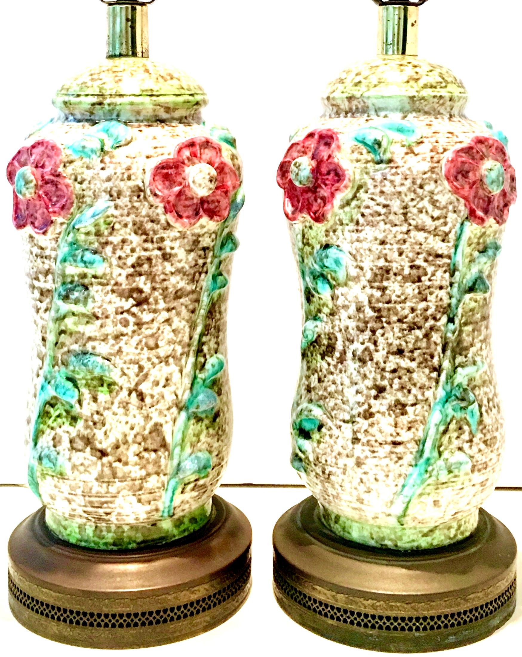 Art Nouveau Mid-20th Century Pair of Ceramic Glaze and Gilt Brass Floral Table Lamps For Sale