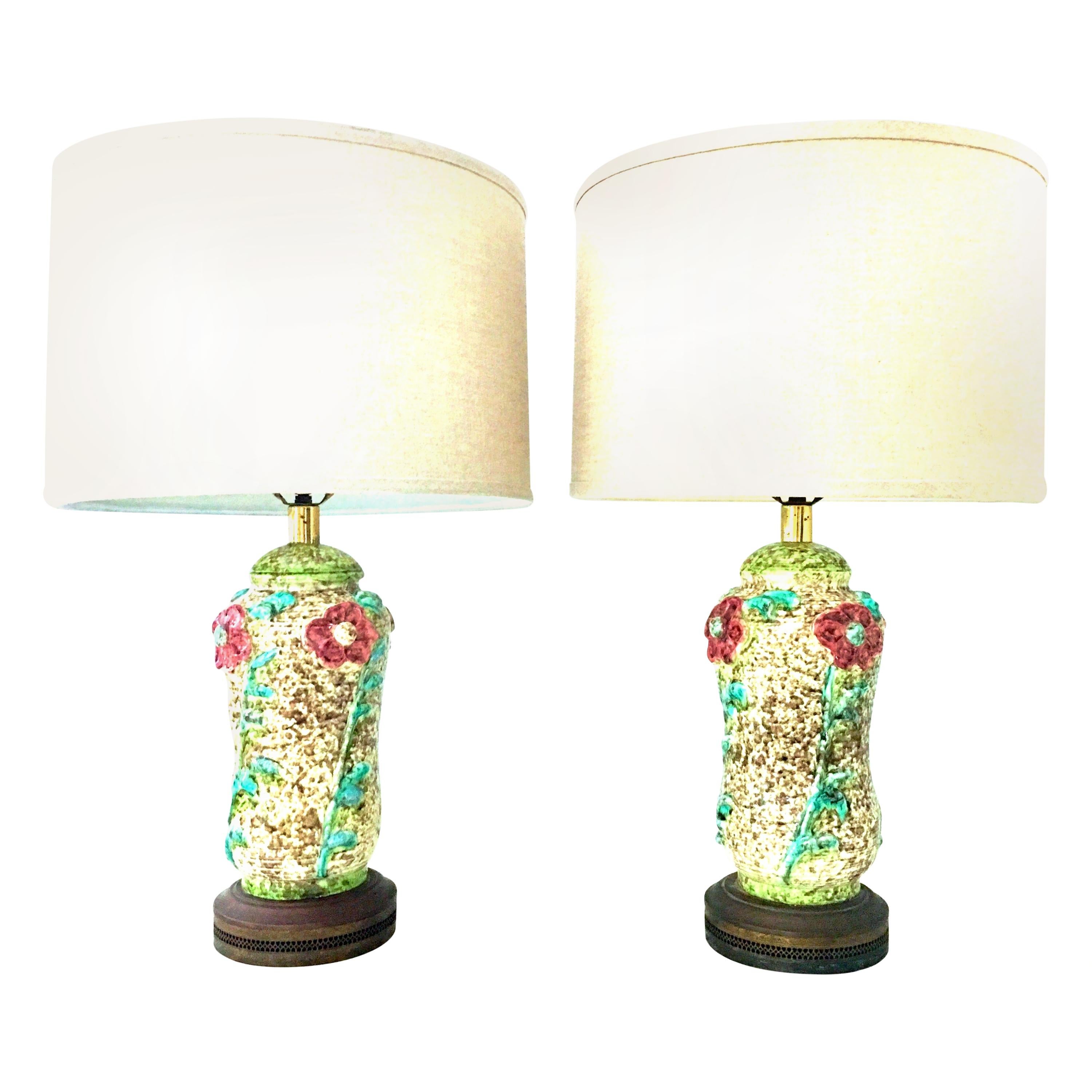 Mid-20th Century Pair of Ceramic Glaze and Gilt Brass Floral Table Lamps For Sale