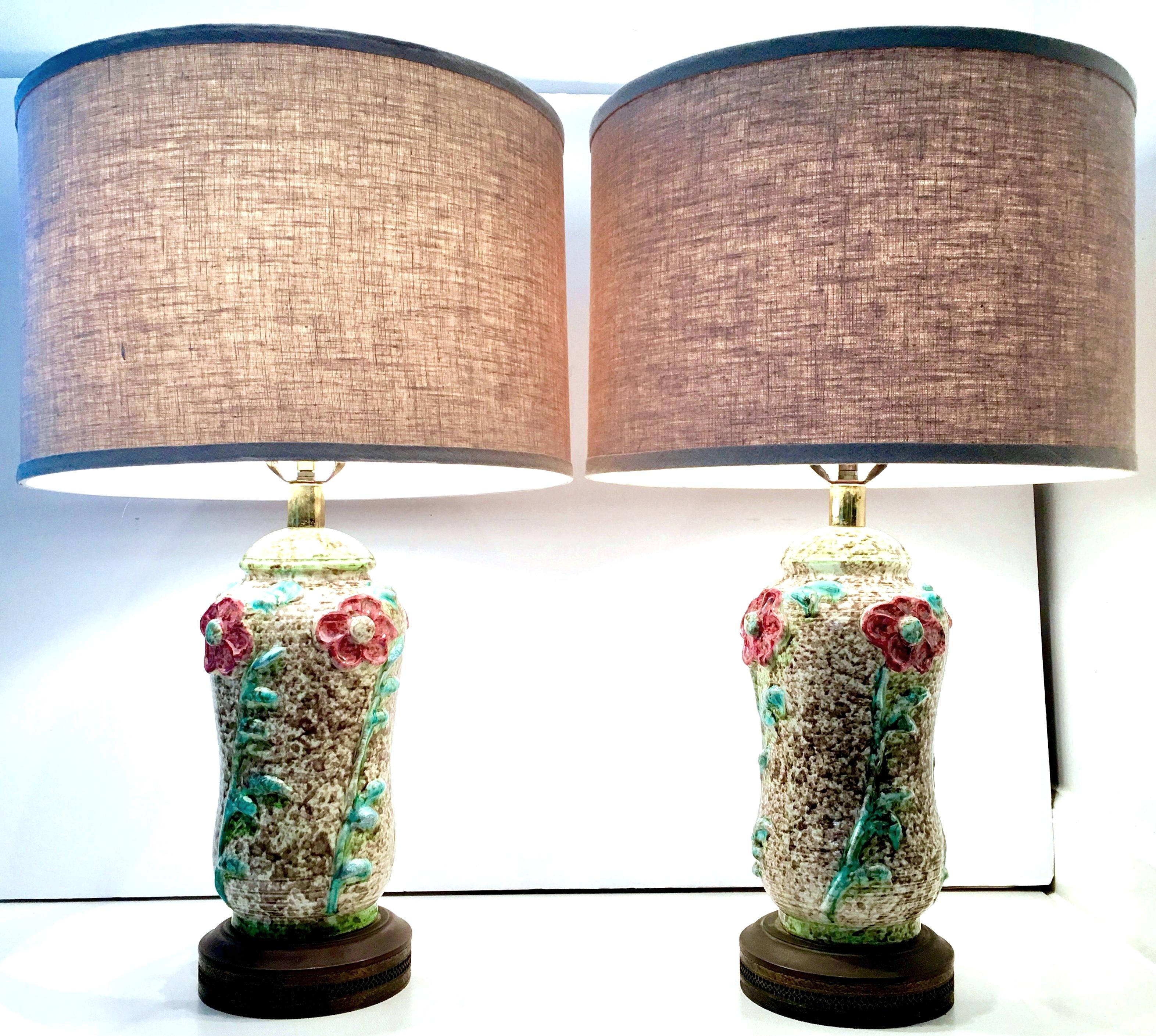 Art Nouveau Mid-20th Century Pair of Ceramic Glaze and Gilt Brass Floral Table Lamps For Sale