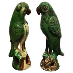 Mid-20th Century Pair of Ceramic Green Enameled Parrots China Export