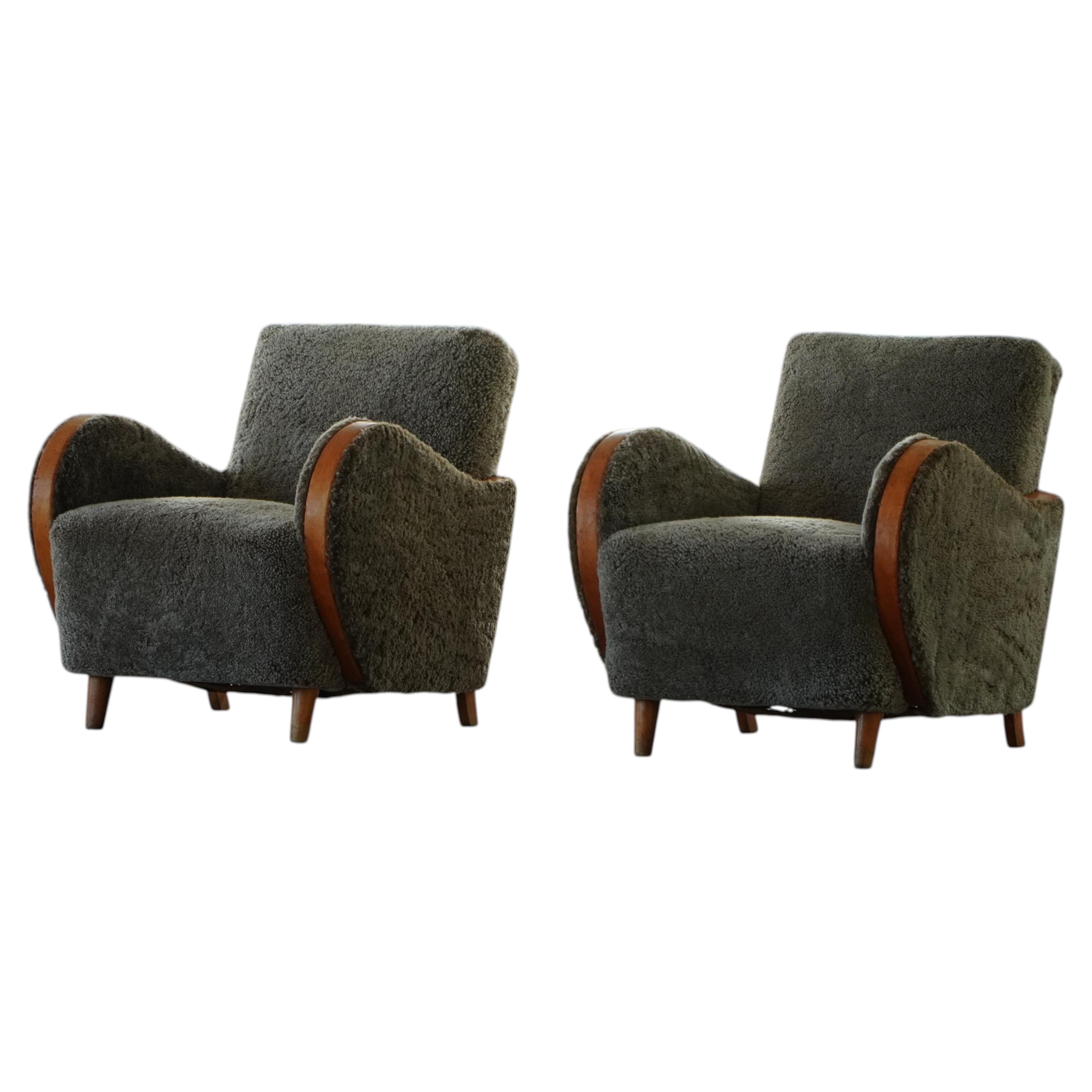 Mid 20th Century, Pair of Danish Art Deco Armchairs, Birch & Lambswool, 1940s
