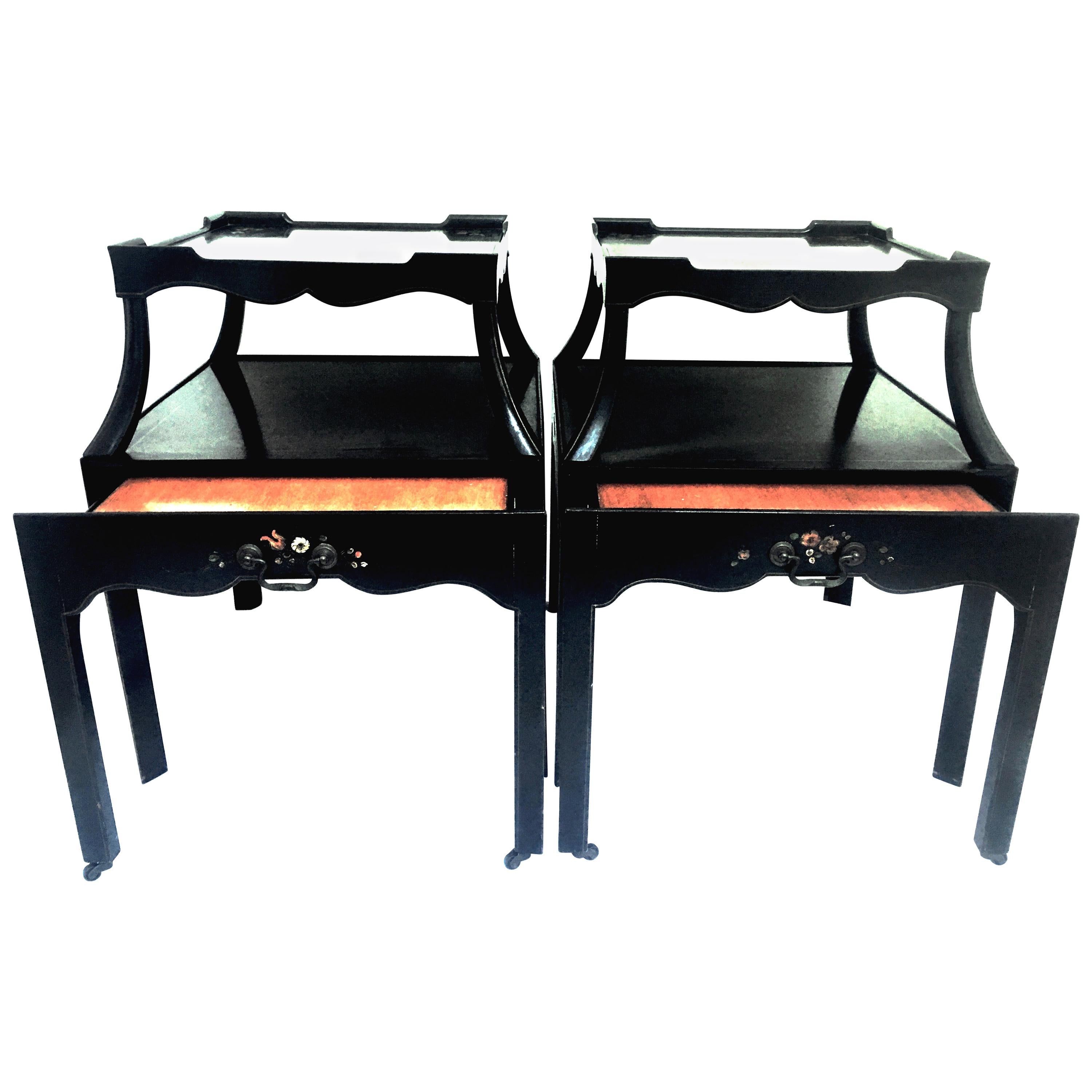 Mid-20th Century Pair of Ebonized Wood Hand Painted Rolling Two-Tier Side Tables For Sale