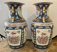 Pair of Monumental Tall Chinese Rose Medallion Porcelain Urns Vases